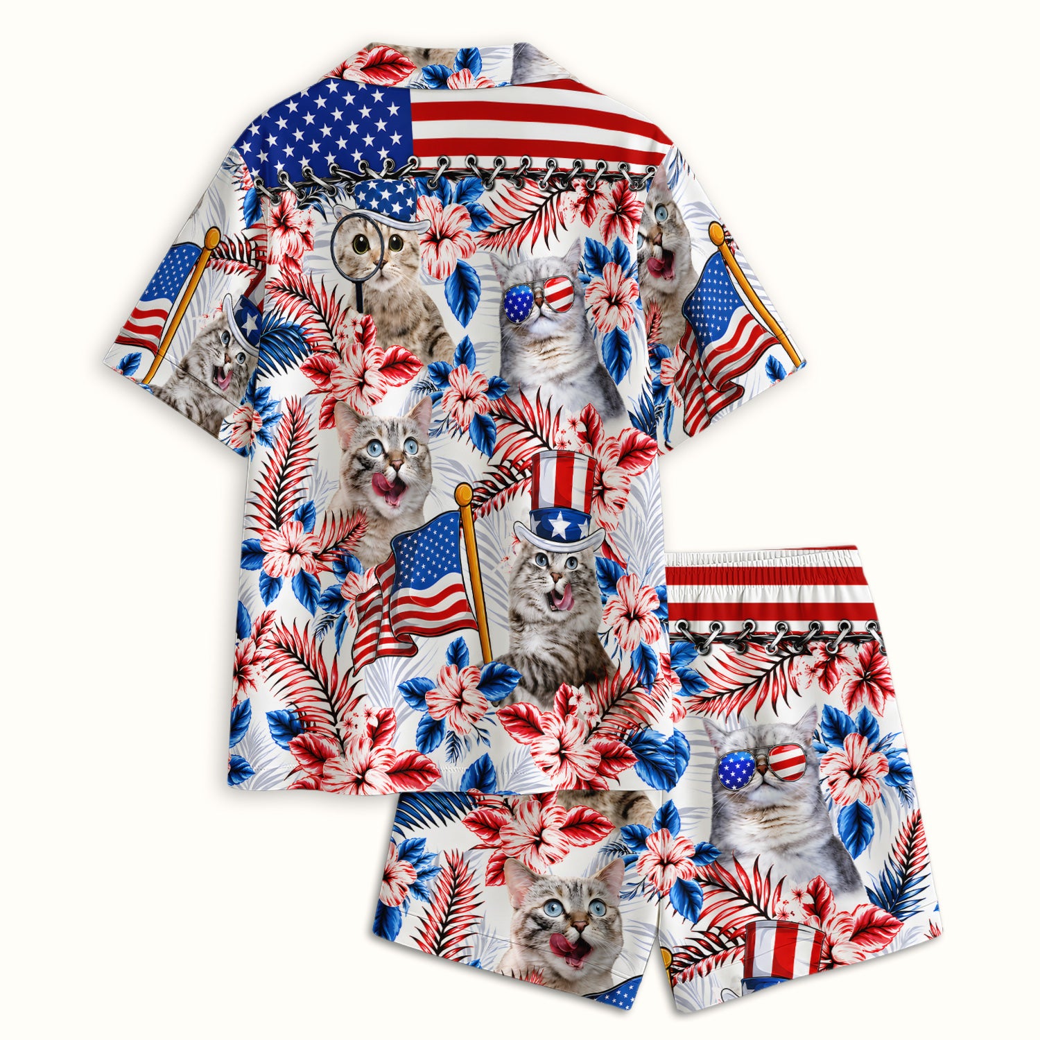 Patriotic Cat with USA Flag Pajama Set, Soft Breathable Fabric Comfortable Sleepwear