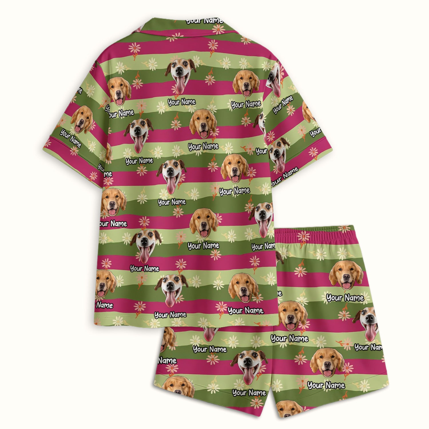 Personalized Floral Dog Portrait With Spring Stripes Pattern Pajama Set, Soft Breathable Fabric Comfortable Sleepwear
