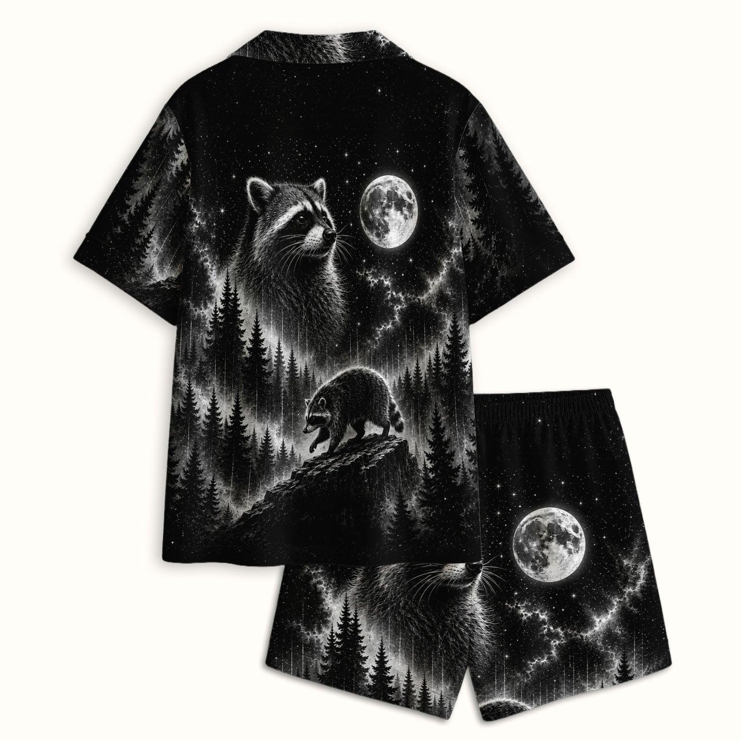 Moonlit Raccoon Forest Print Pajama Set, Soft Breathable Fabric Comfortable Sleepwear