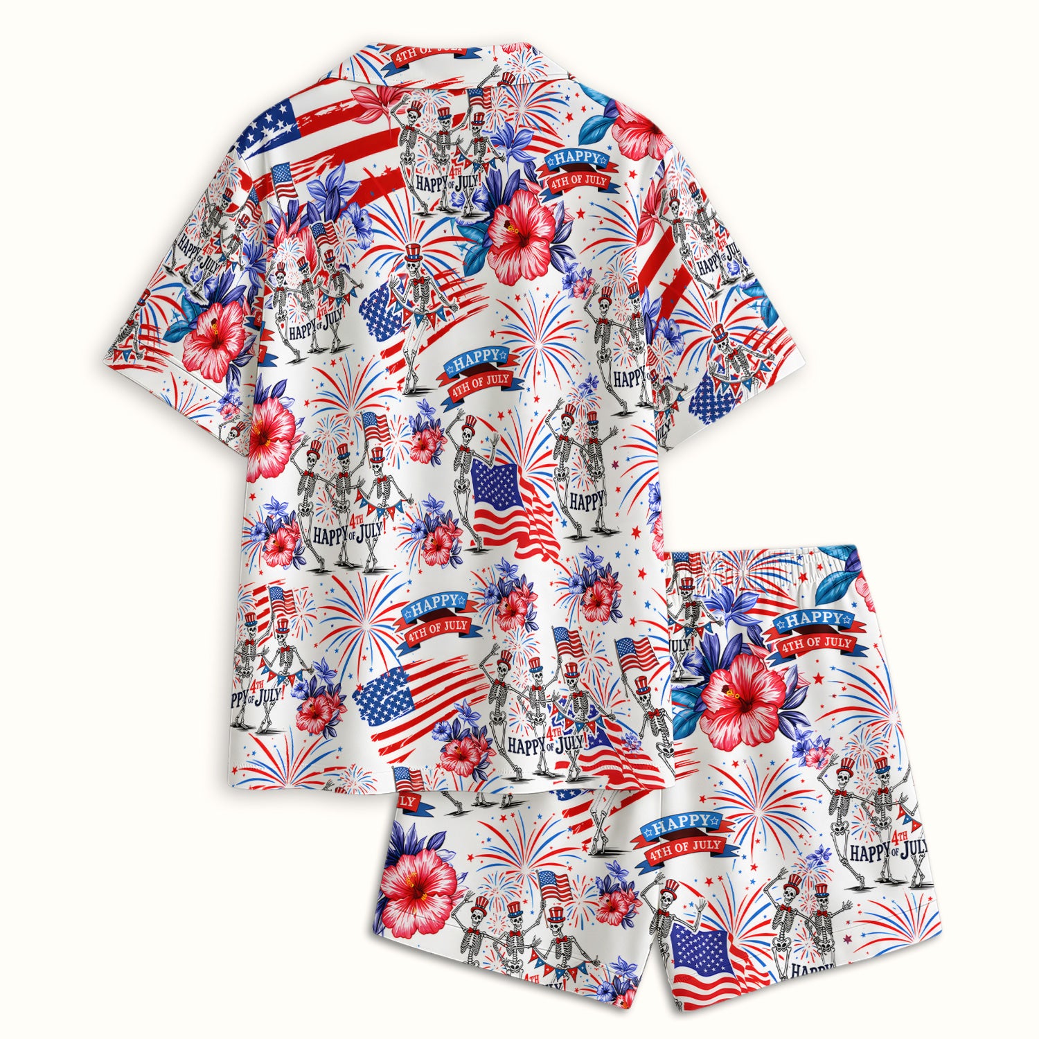 Funny 4th Of July Skeleton Nurse for RN & CNA, Patriotic Fireworks Medical Uniform Pajama Set, Soft Breathable Fabric Comfortable Sleepwear