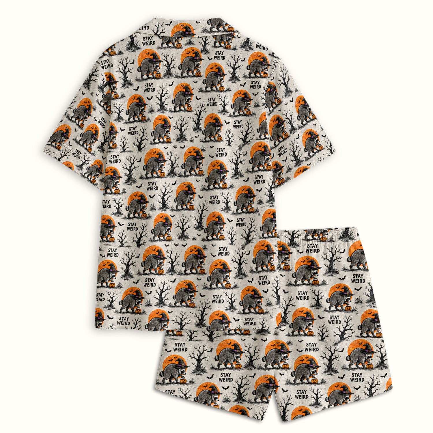 Funny Stay Weird Halloween Raccoon Pajama Set, Soft Breathable Fabric Comfortable Sleepwear
