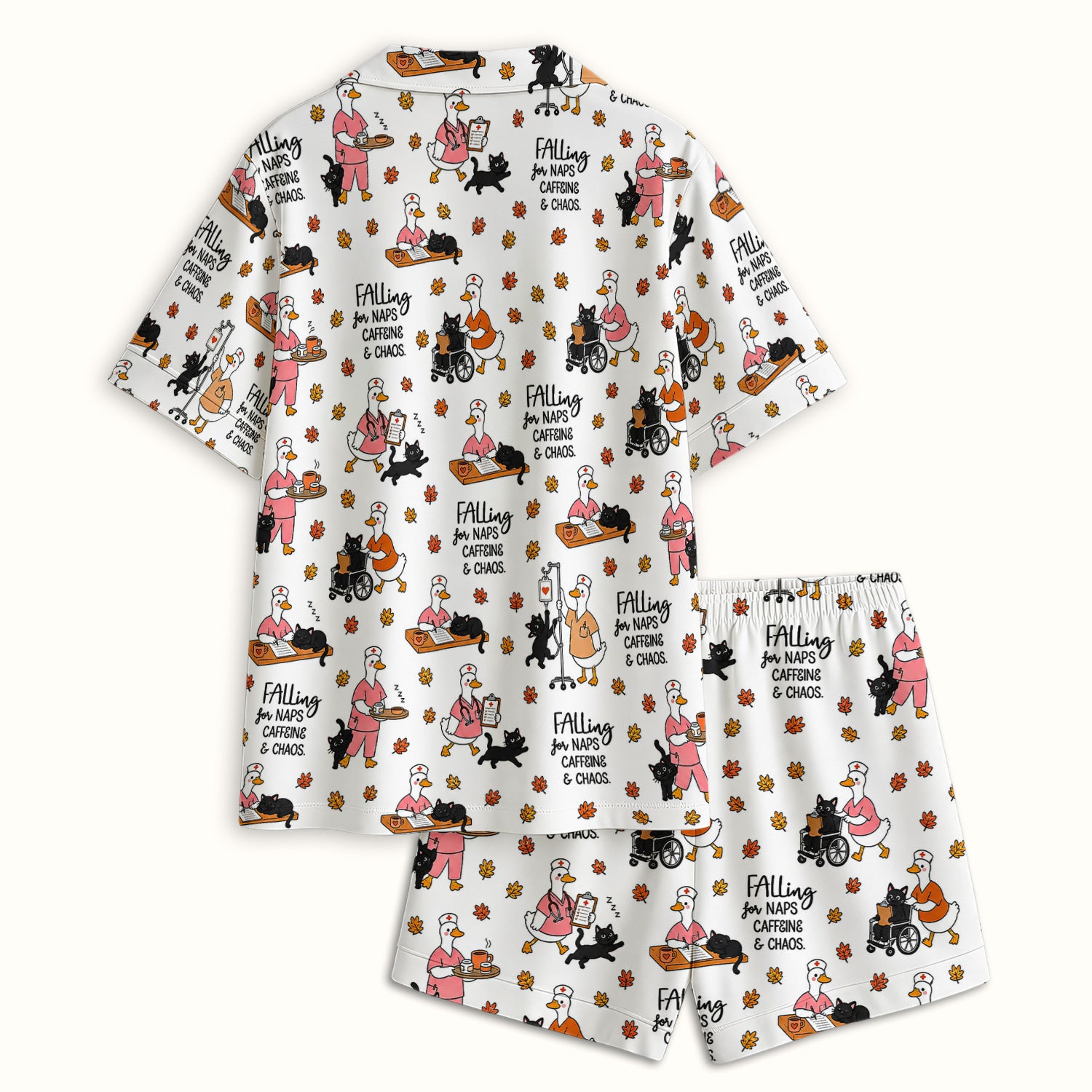 Funny Fall Nurse Goose And Black Cat Pajama Set, Soft Breathable Fabric Comfortable Sleepwear
