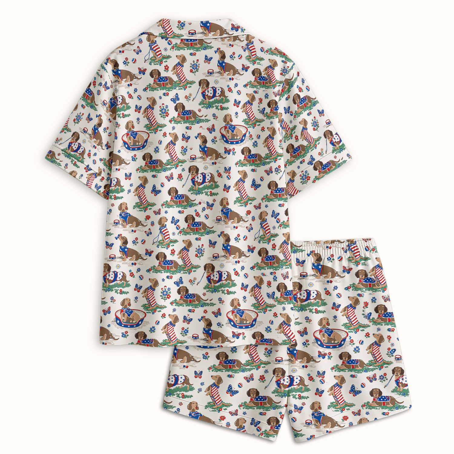 Patriotic Dachshund Garden Party Pattern Pajama Set, Soft Breathable Fabric Comfortable Sleepwear