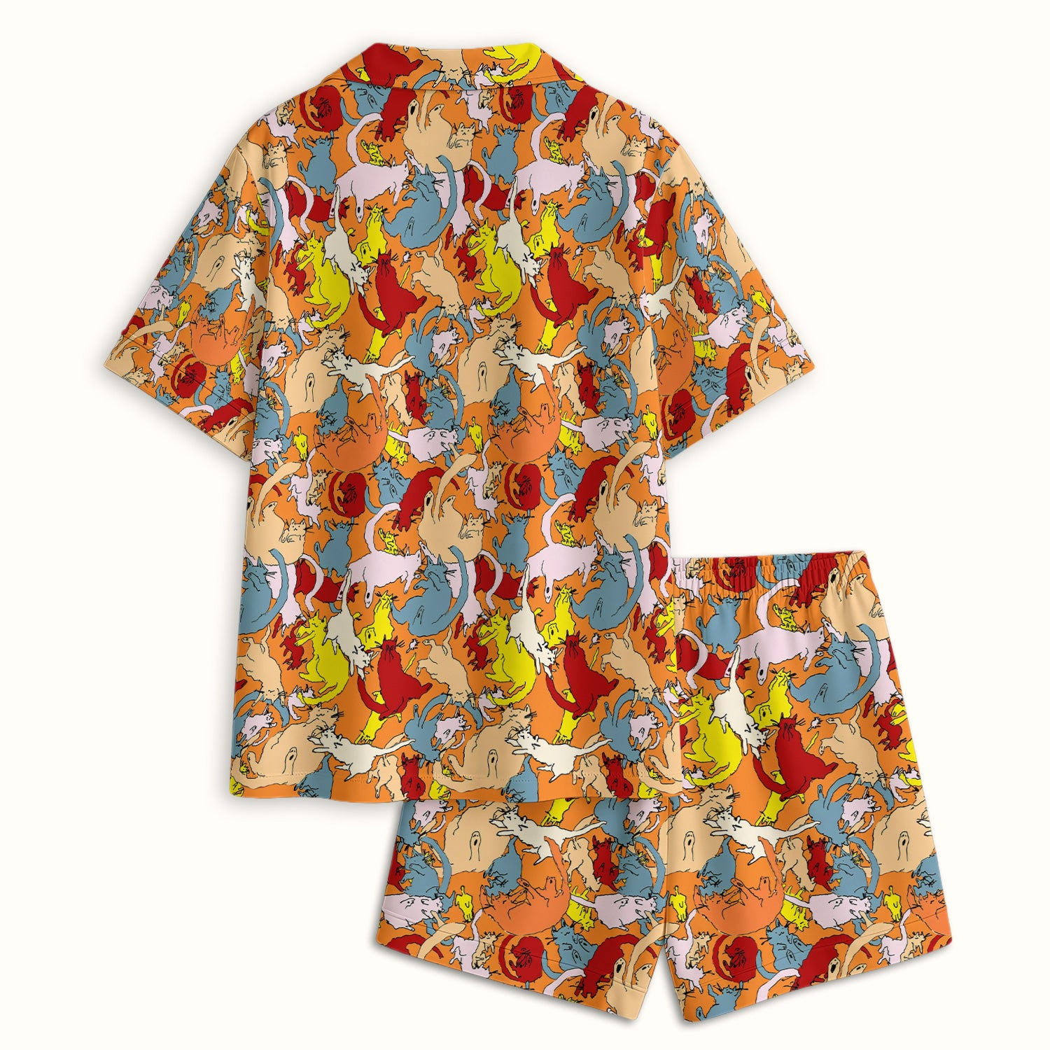 Colorful Cat Chaos Illustration Pattern Pajama Set, Soft Breathable Fabric Comfortable Sleepwear