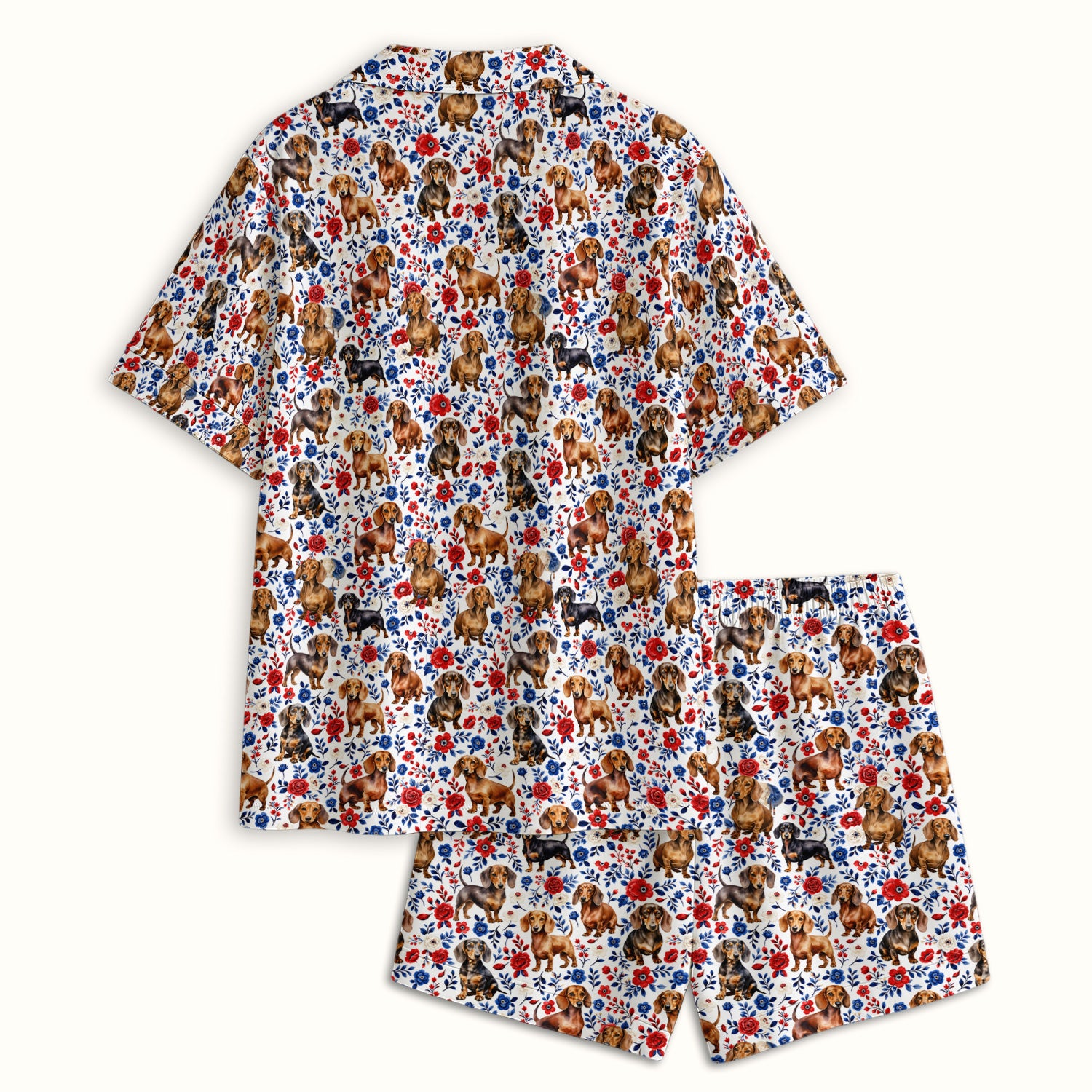Floral Dachshund Nurse Pattern Pajama Set, Soft Breathable Fabric Comfortable Sleepwear
