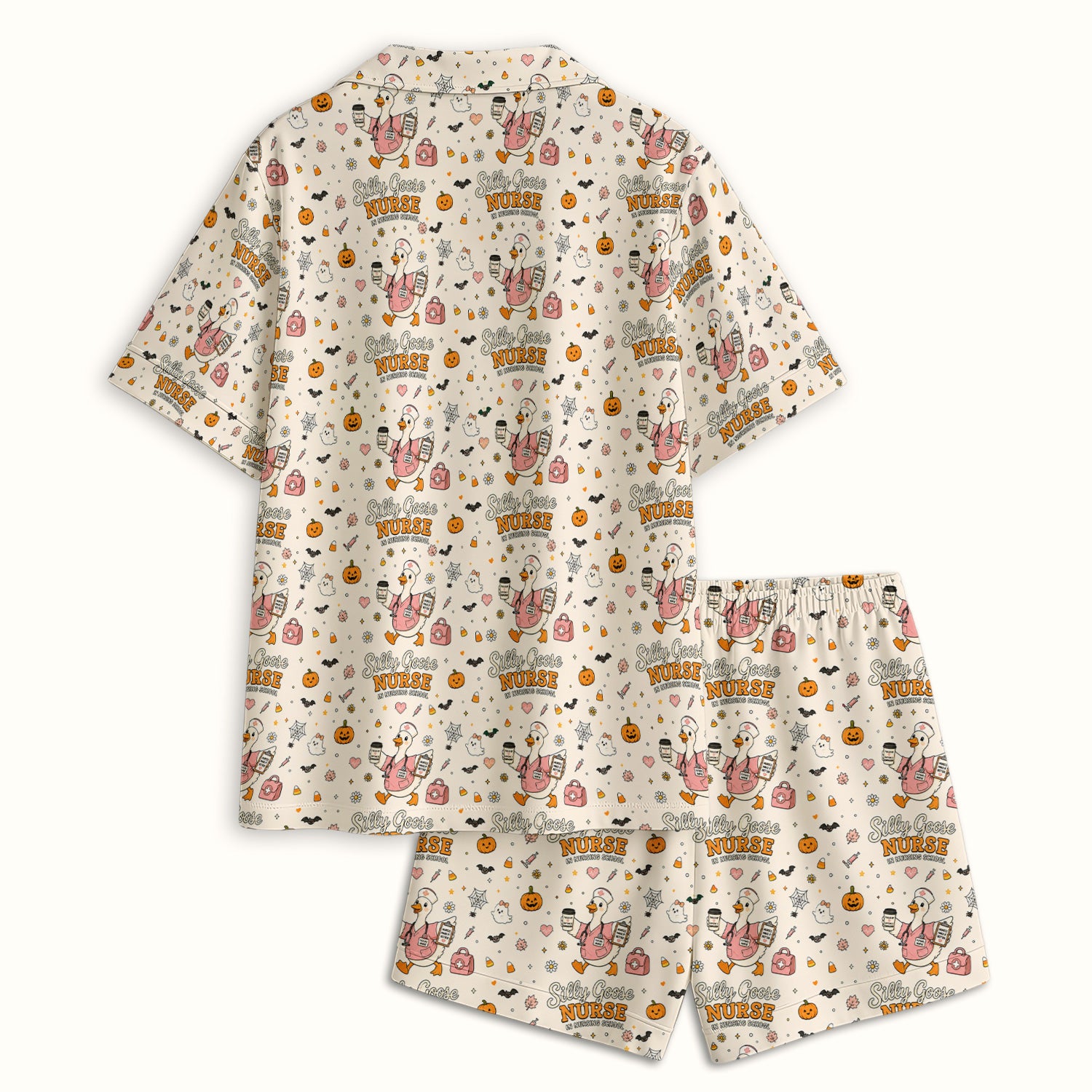 Funny Halloween Silly Goose Pattern Pajama Set, Soft Breathable Fabric Comfortable Sleepwear