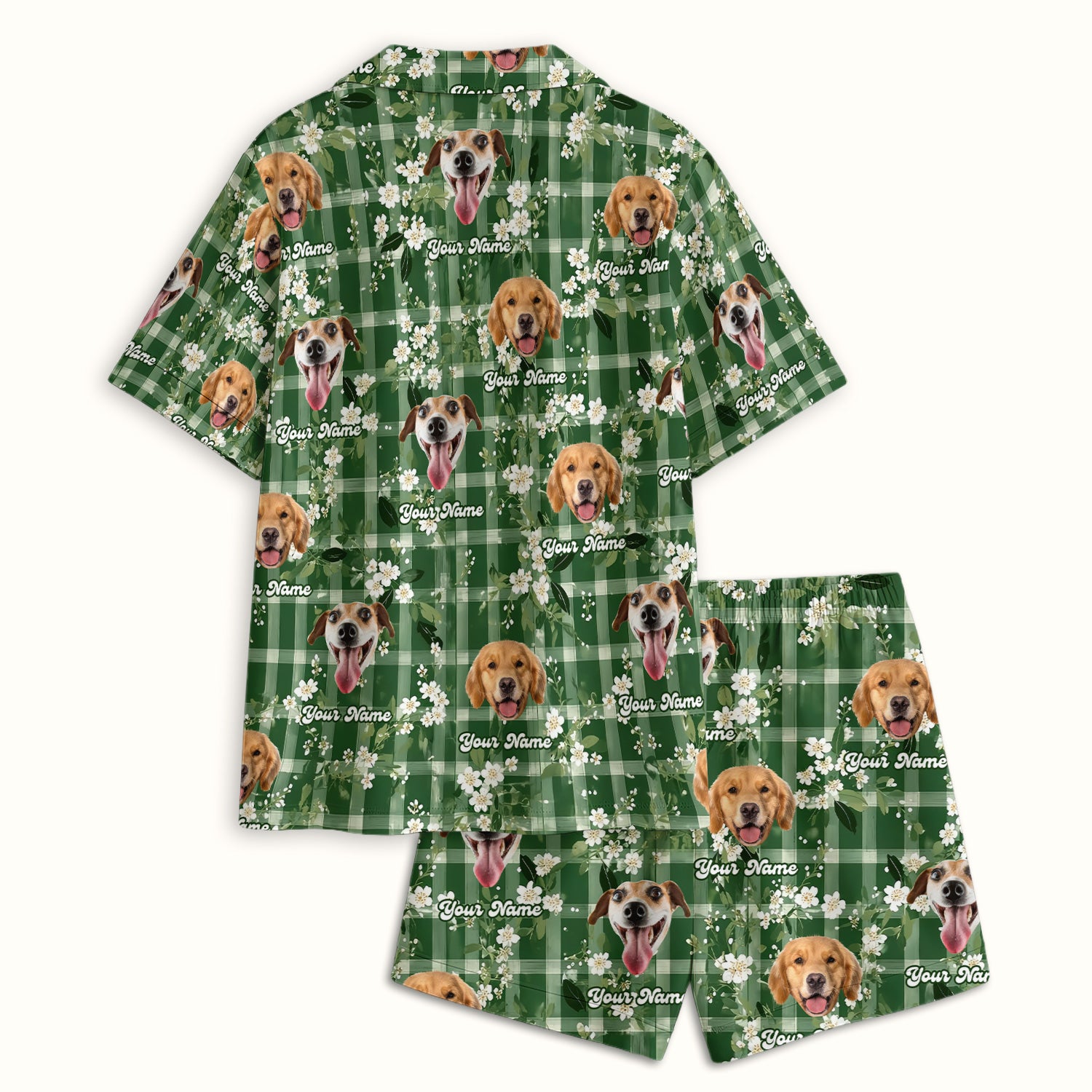 Custom Dog Face Pajama Set, Dog Green Plaid Floral Pattern, Soft Breathable Fabric Comfortable Sleepwear