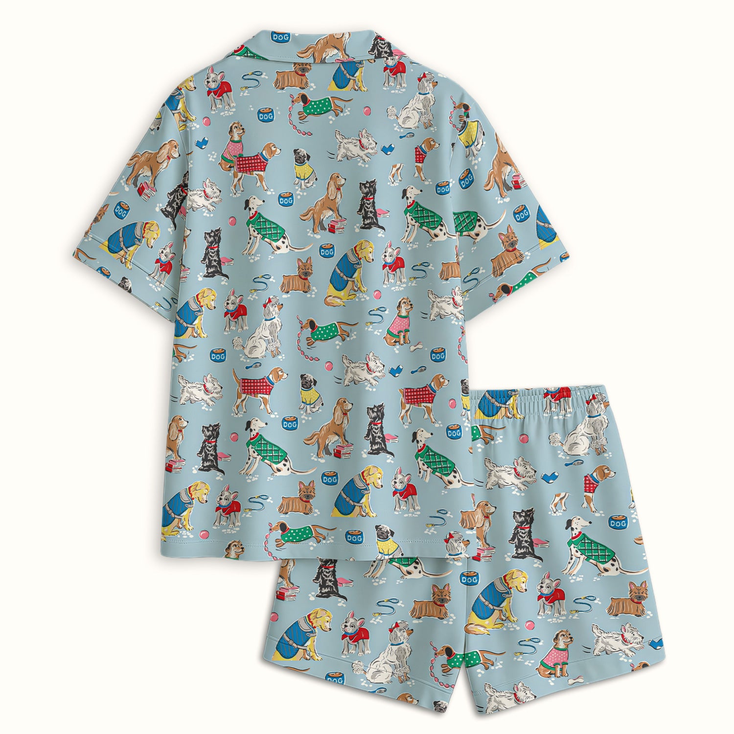 Cute Dog Wearing Sweater Playing Ball Pattern Pajama Set, Soft Breathable Fabric Comfortable Sleepwear
