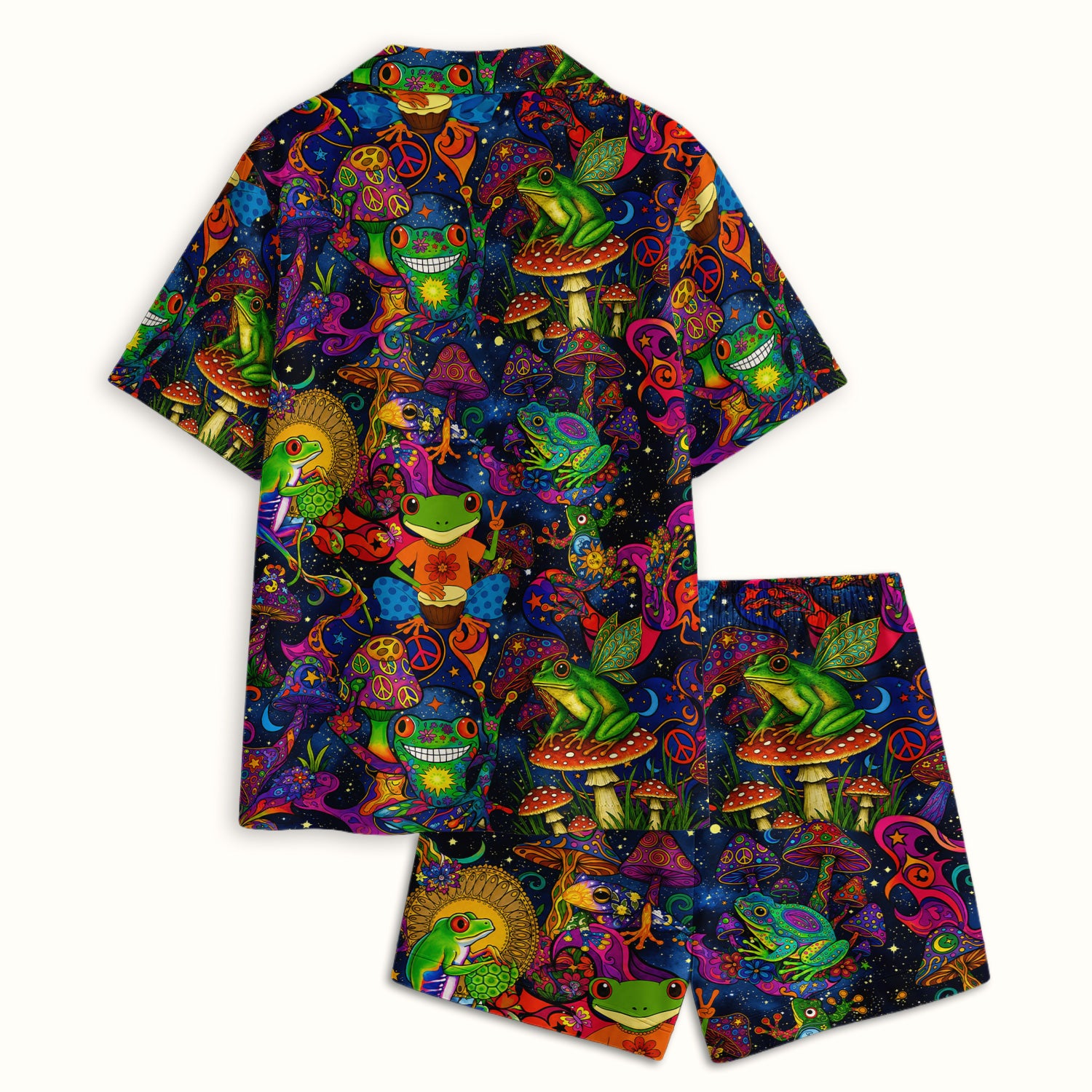 Psychedelic Frog with Mushroom Peace Print Pajama Set, Soft Breathable Fabric Comfortable Sleepwear