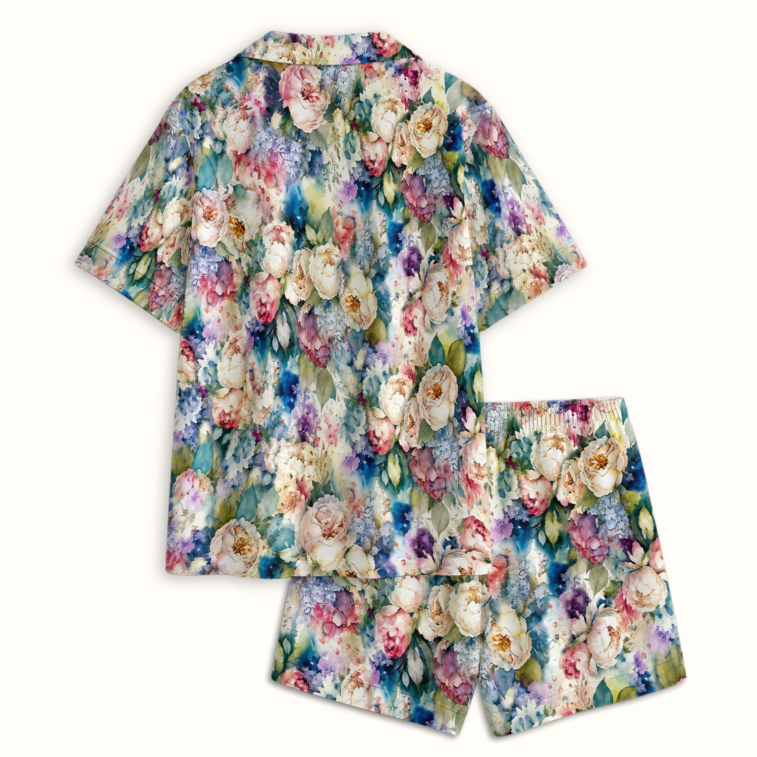 Watercolor Peony Hydrangea Floral Print Pajama Set, Soft Breathable Fabric Comfortable Sleepwear