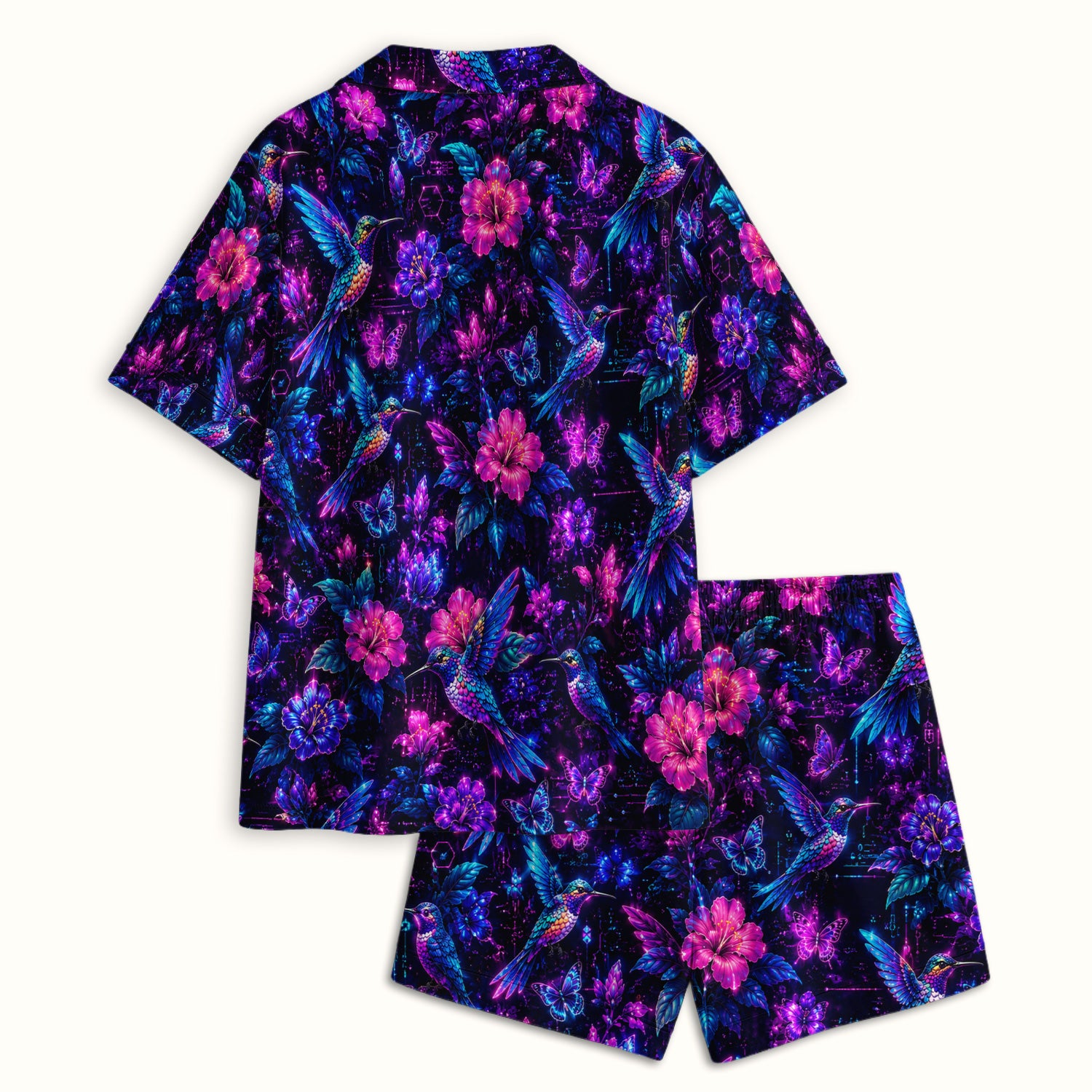 Neon Hummingbird Butterfly Bloom Pattern Pajama Set, Soft Breathable Fabric Comfortable Sleepwear