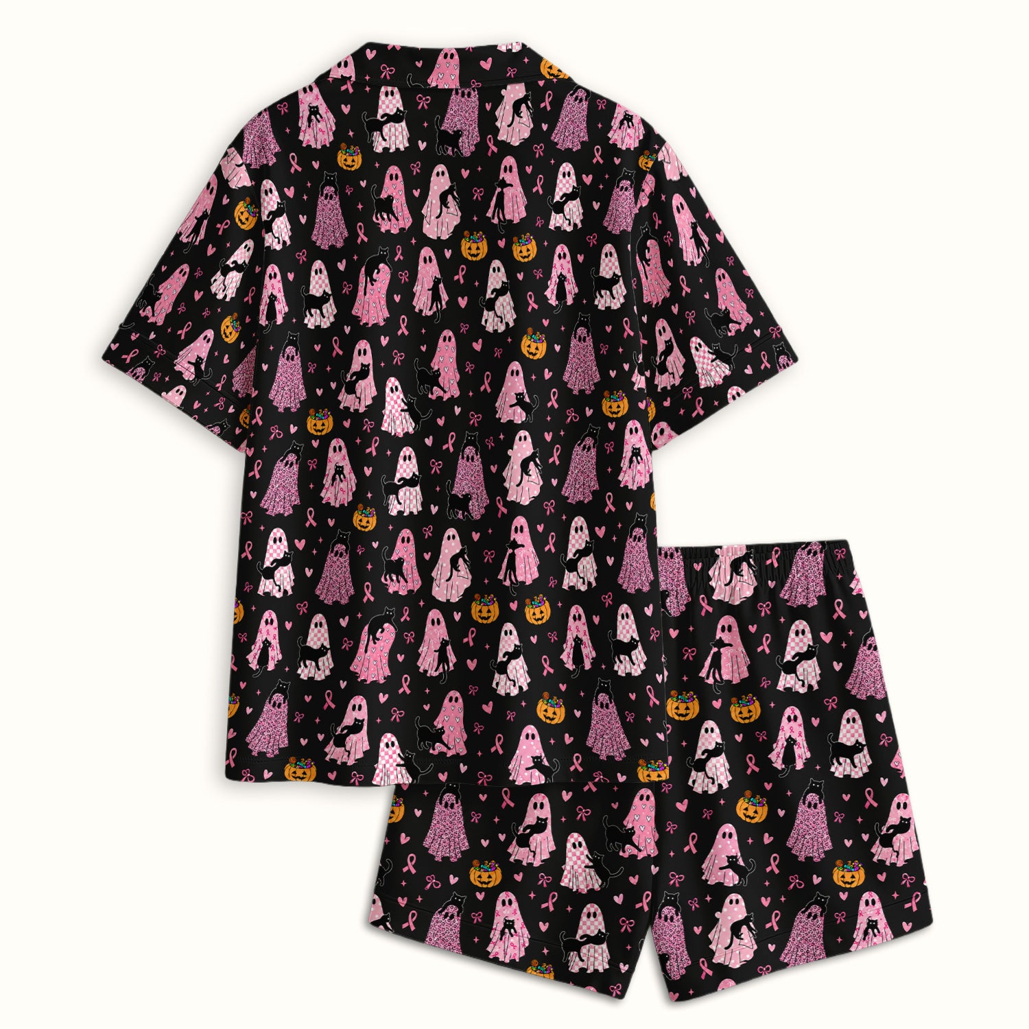 Breast Cancer Awareness Ghost Cat Pajama Set, Soft Breathable Fabric Comfortable Sleepwear