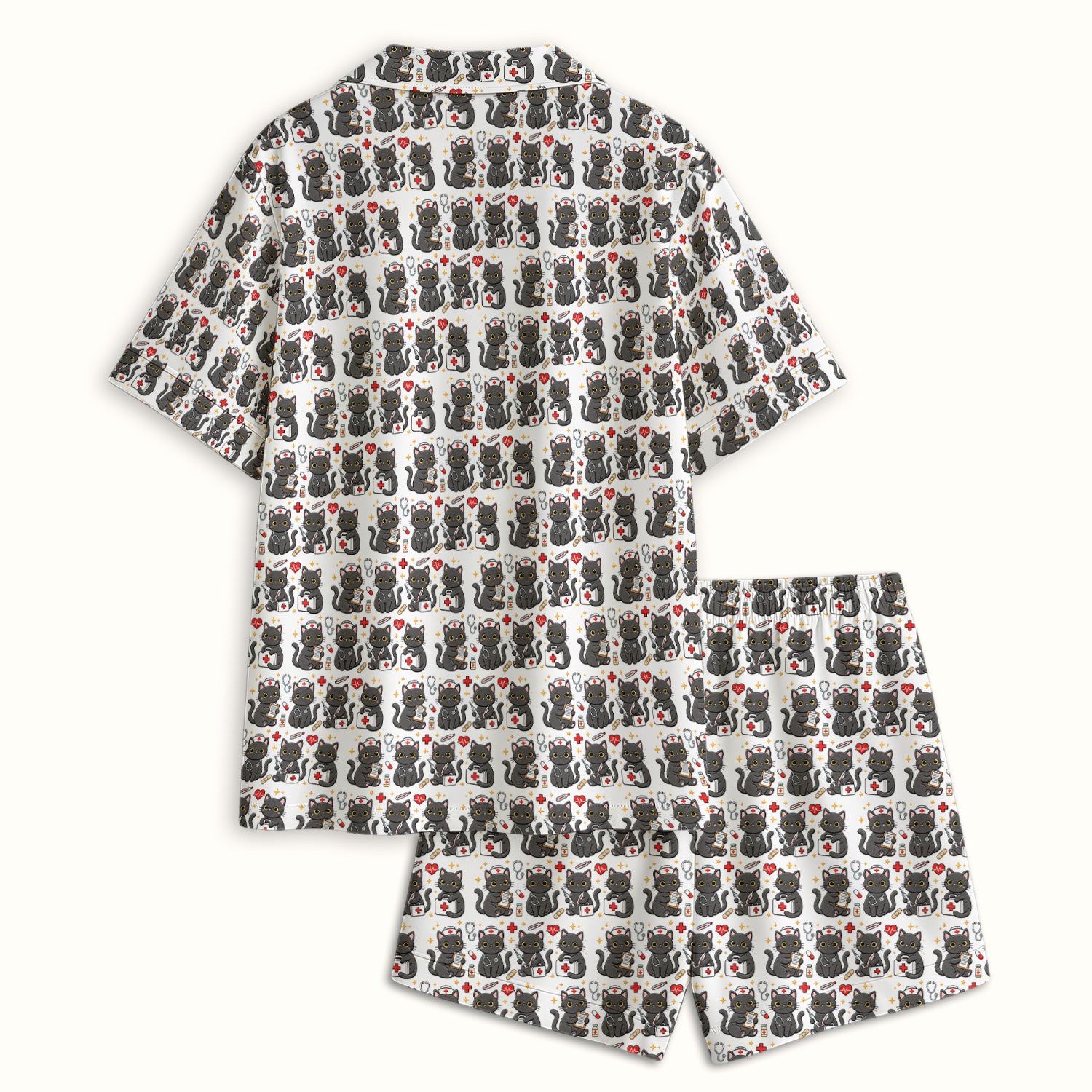 Black Cat Nurse Medical Icons Pajama Set, Soft Breathable Fabric Comfortable Sleepwear