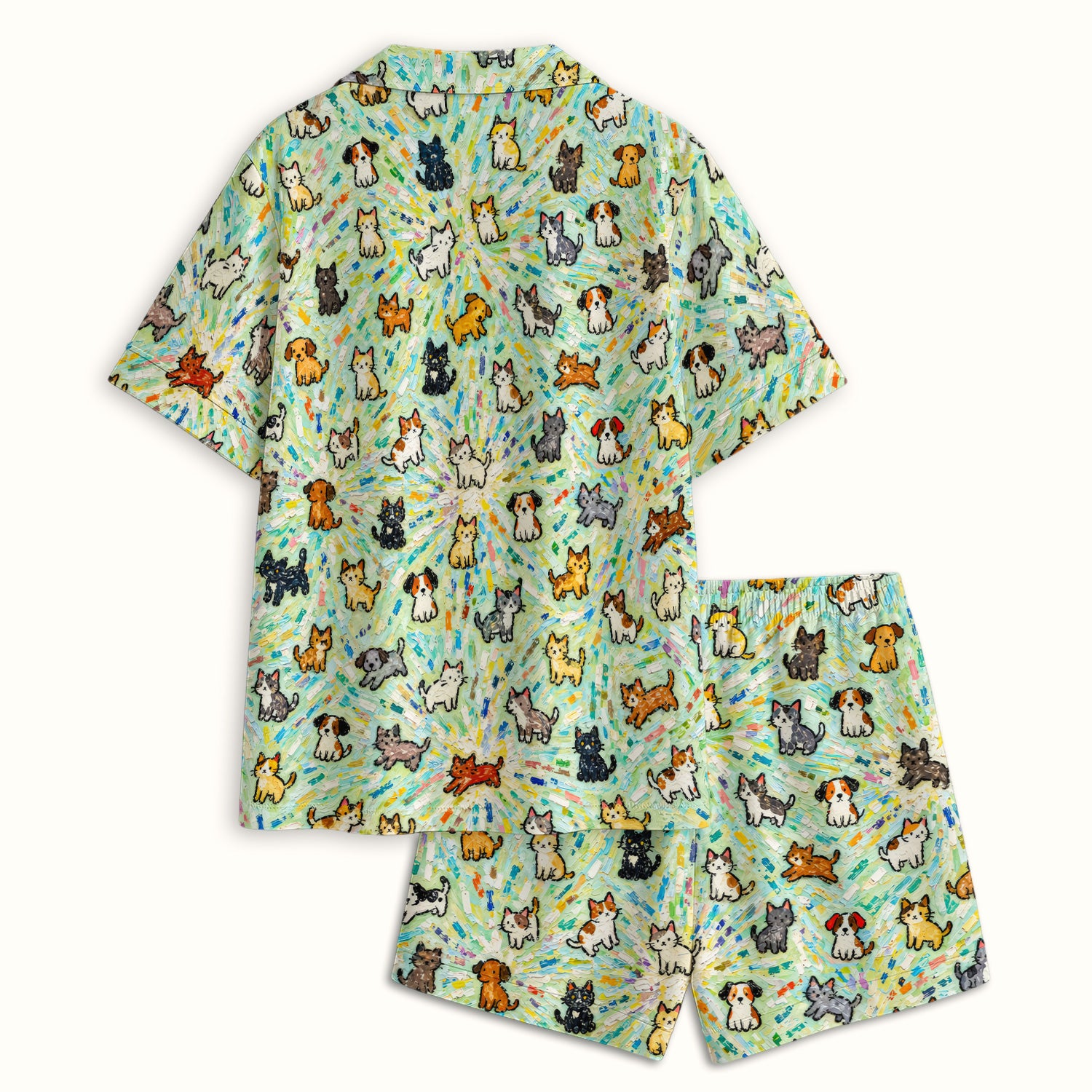 Colorful Cats Dogs Doodle Pattern Pajama Set, Soft Breathable Fabric Comfortable Sleepwear