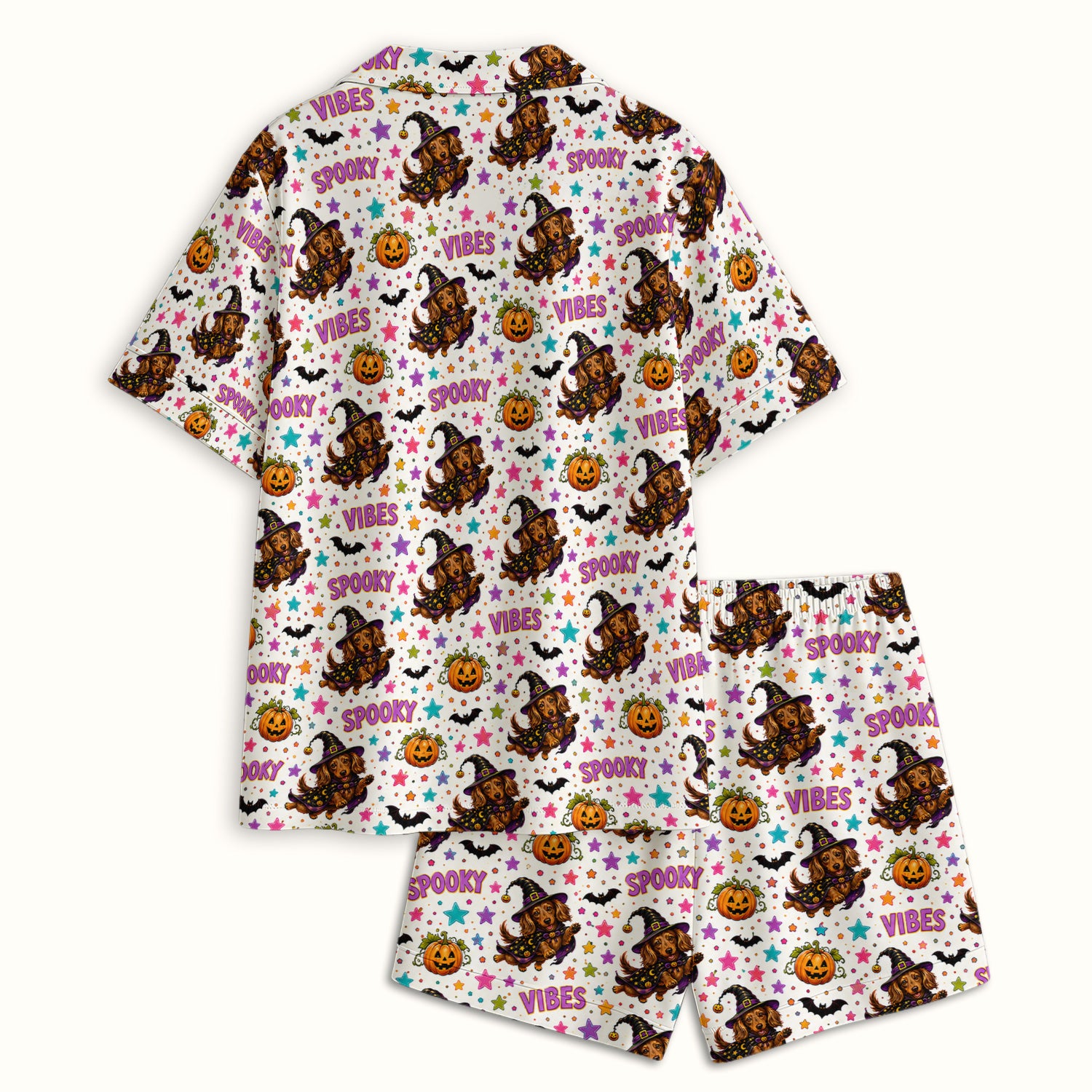 Spooky Dachshund Vibes Print Pajama Set, Soft Breathable Fabric Comfortable Sleepwear