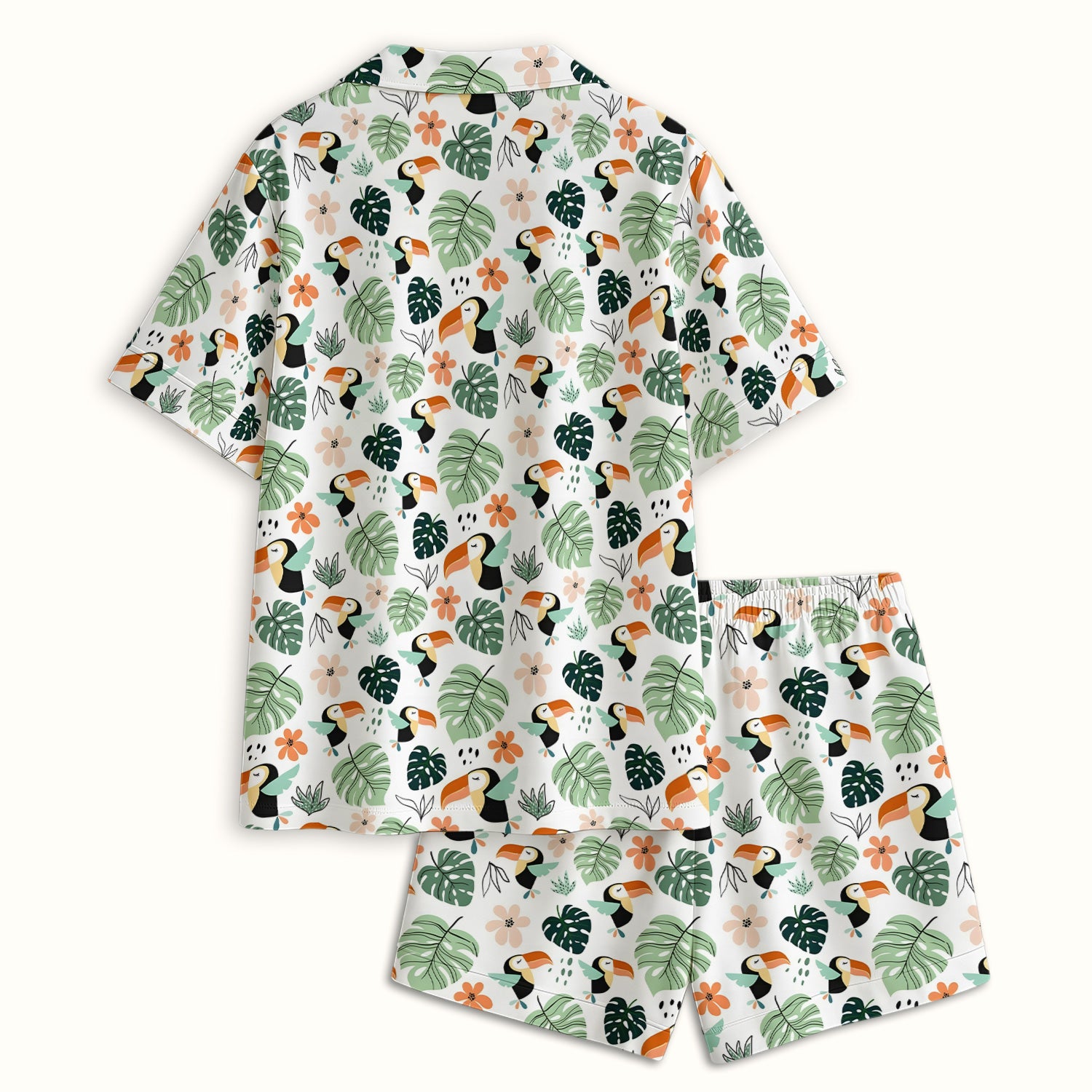 Tropical Toucan Leaf Floral Pattern Pajama Set, Soft Breathable Fabric Comfortable Sleepwear
