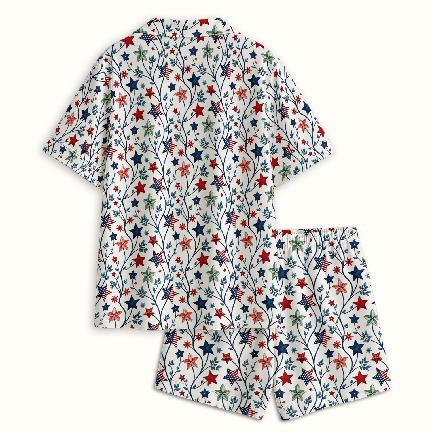 Patriotic Star Vine Floral Print Pajama Set, Soft Breathable Fabric Comfortable Sleepwear