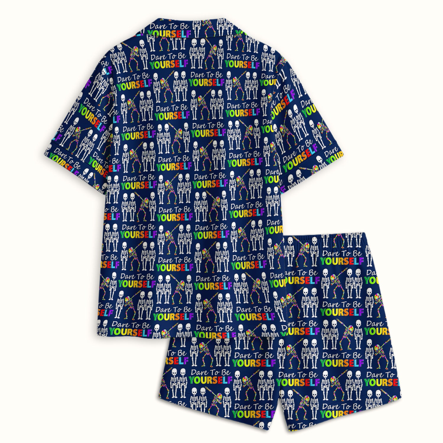 Rainbow Skeleton Dare To Be Yourself Pattern Pajama Set, Breathable Fabrics Uniform
