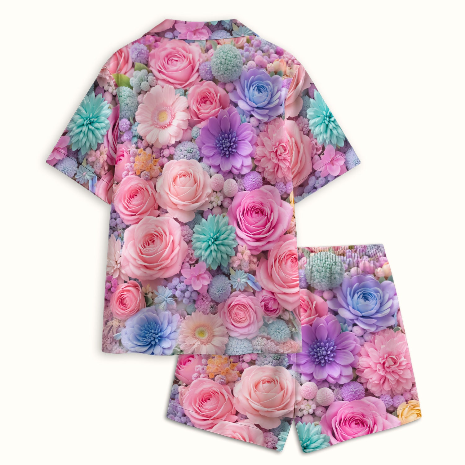 Pastel Floral Pink Rose & Candy Color Pajama Set, Soft Breathable Sleepwear