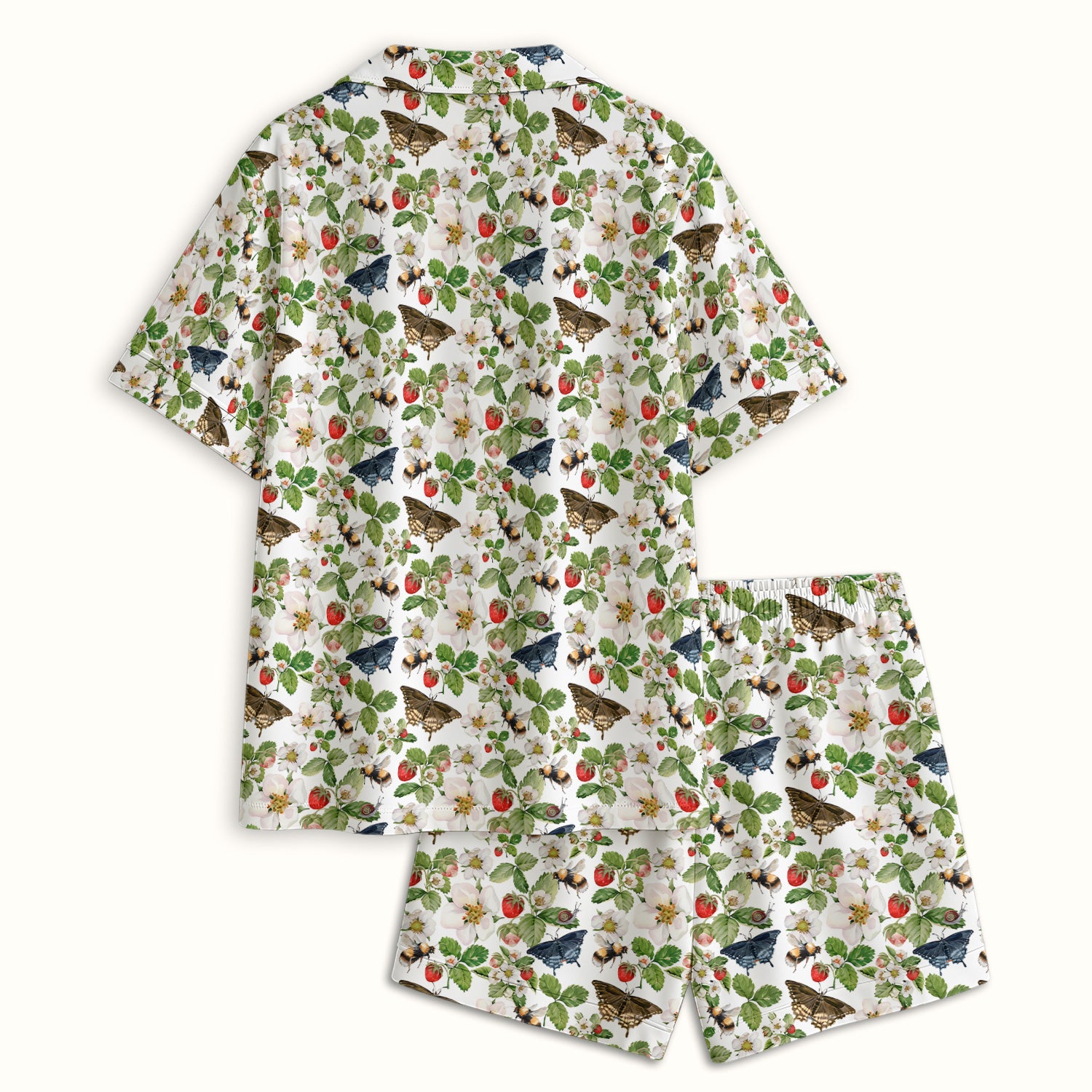 Charming Strawberry Butterfly Garden Pattern Pajama Set, Soft Breathable Fabric Comfortable Sleepwear