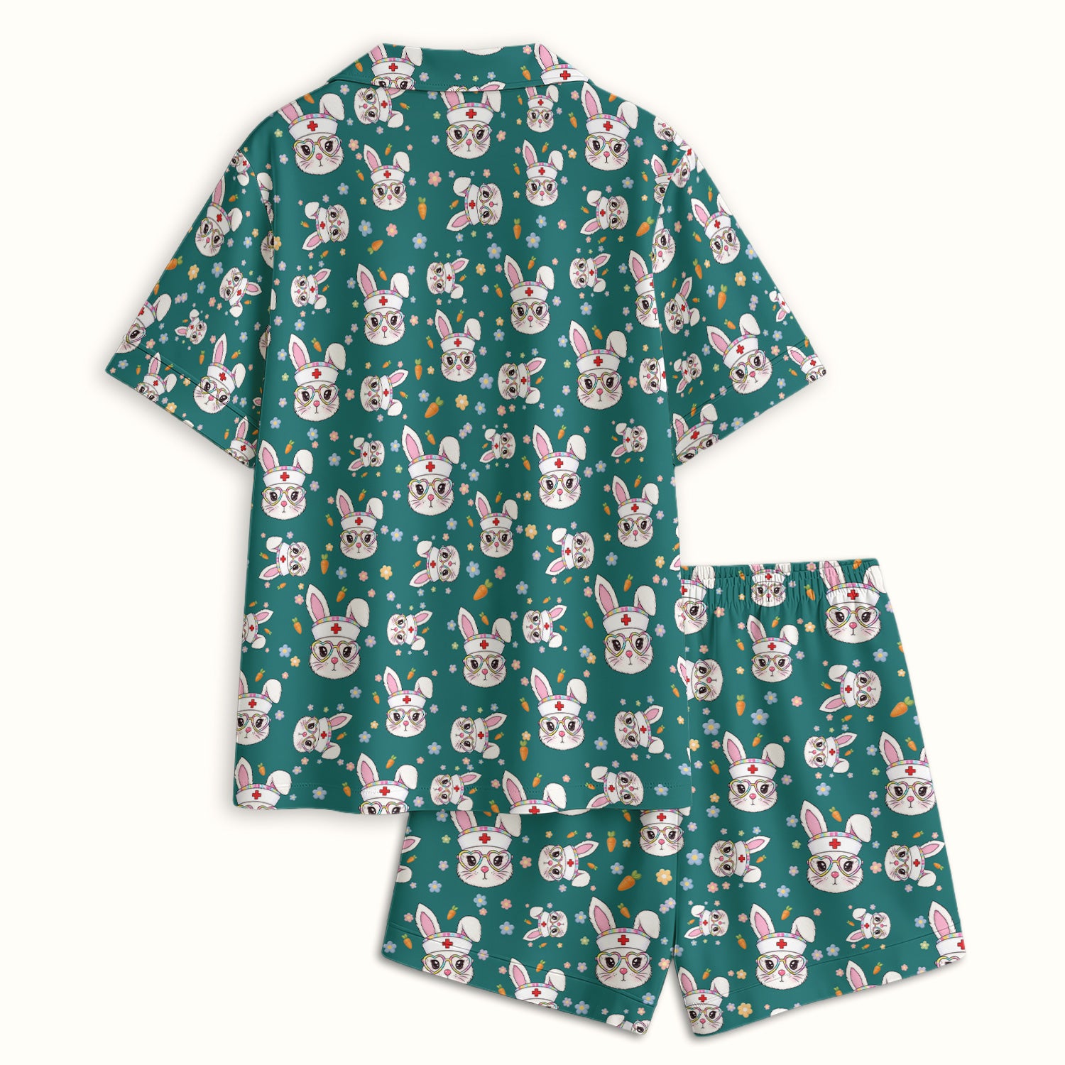Cute Easter Bunny Nurse Pattern Pajama Set, Soft Breathable Fabric Comfortable Sleepwear