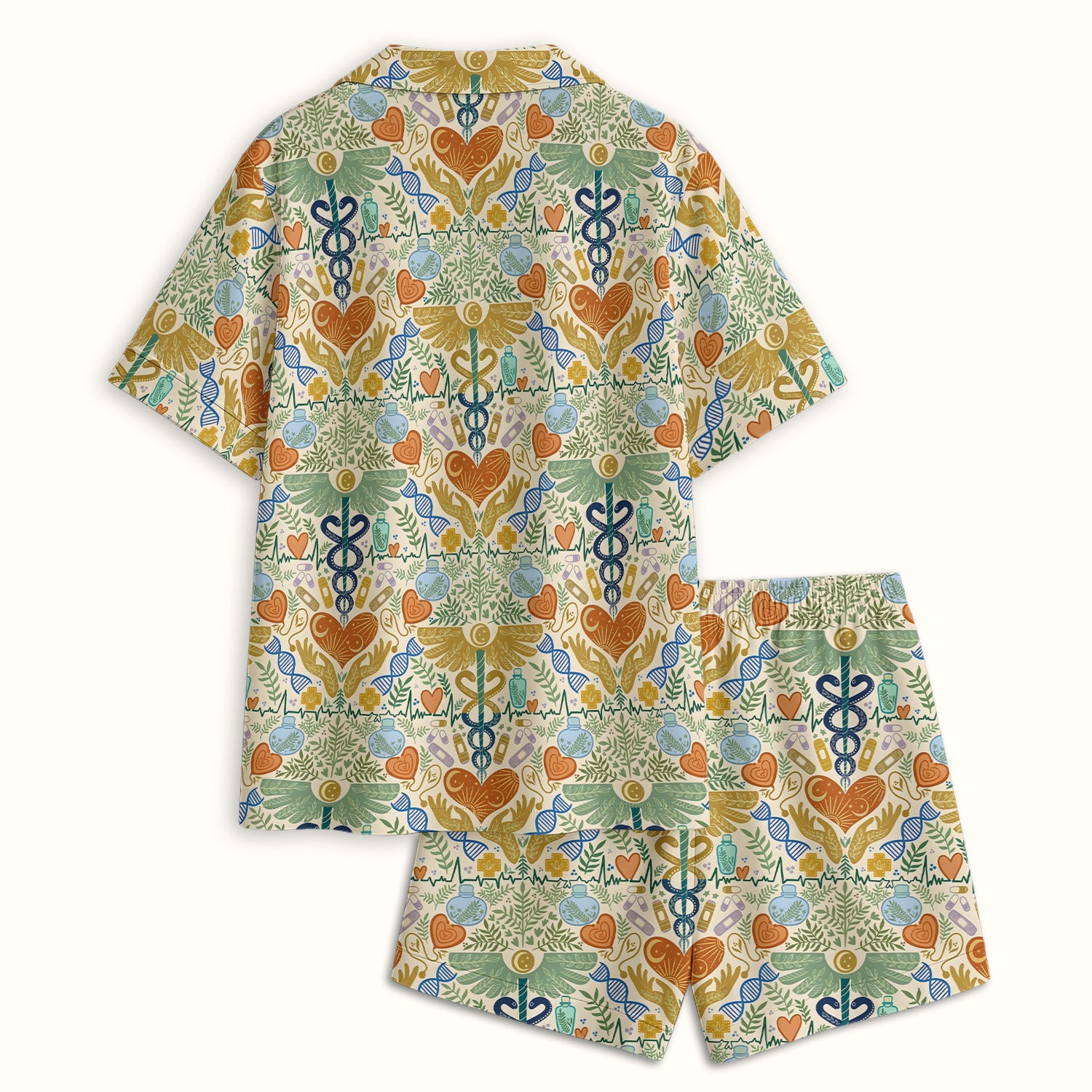 Inspirational Botanical Medical Caduceus Heart Nurse Pattern Pajama Set, Breathable Fabrics Uniform