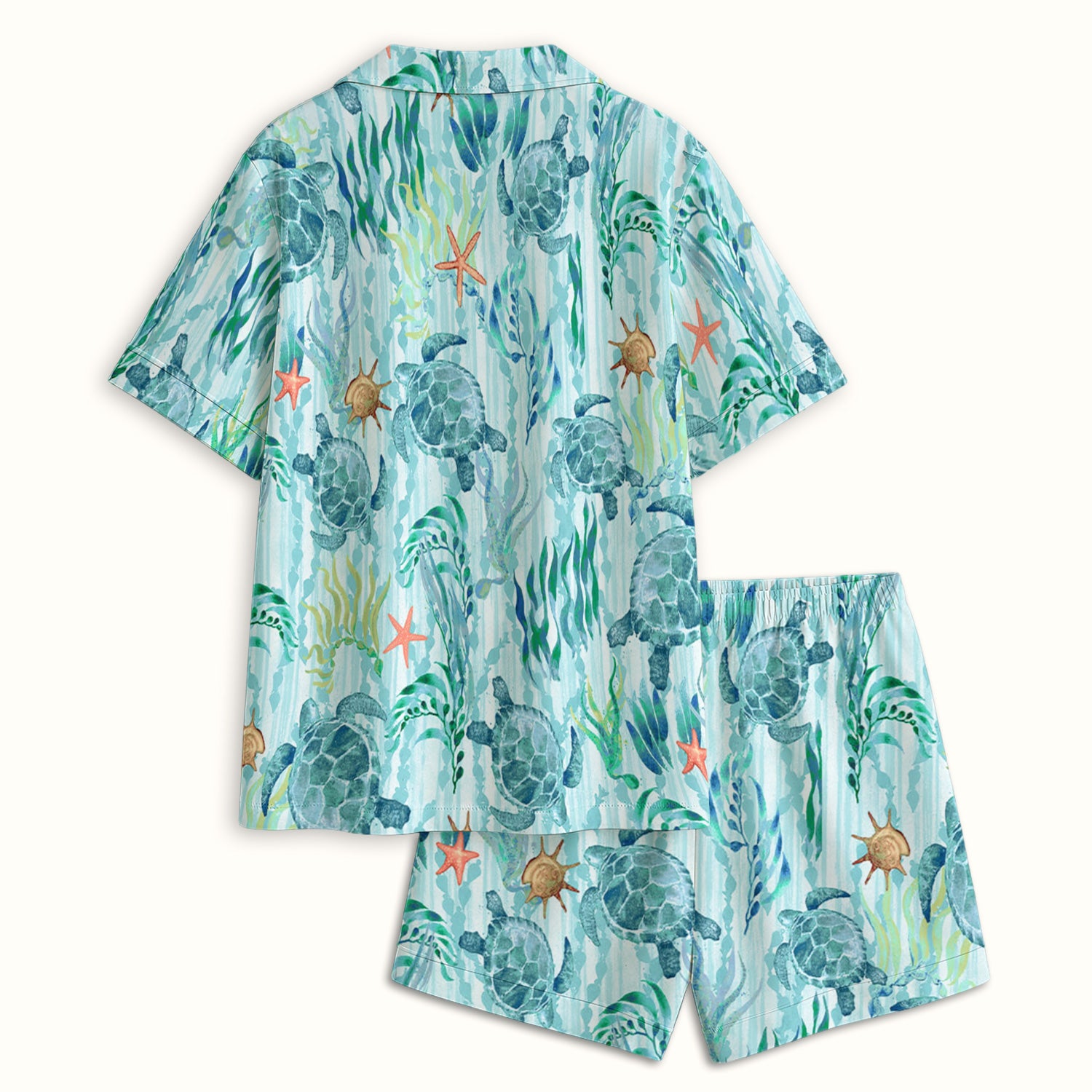 Sea Turtle Ocean Watercolor Print Pajama Set, Soft Breathable Fabric Comfortable Sleepwear