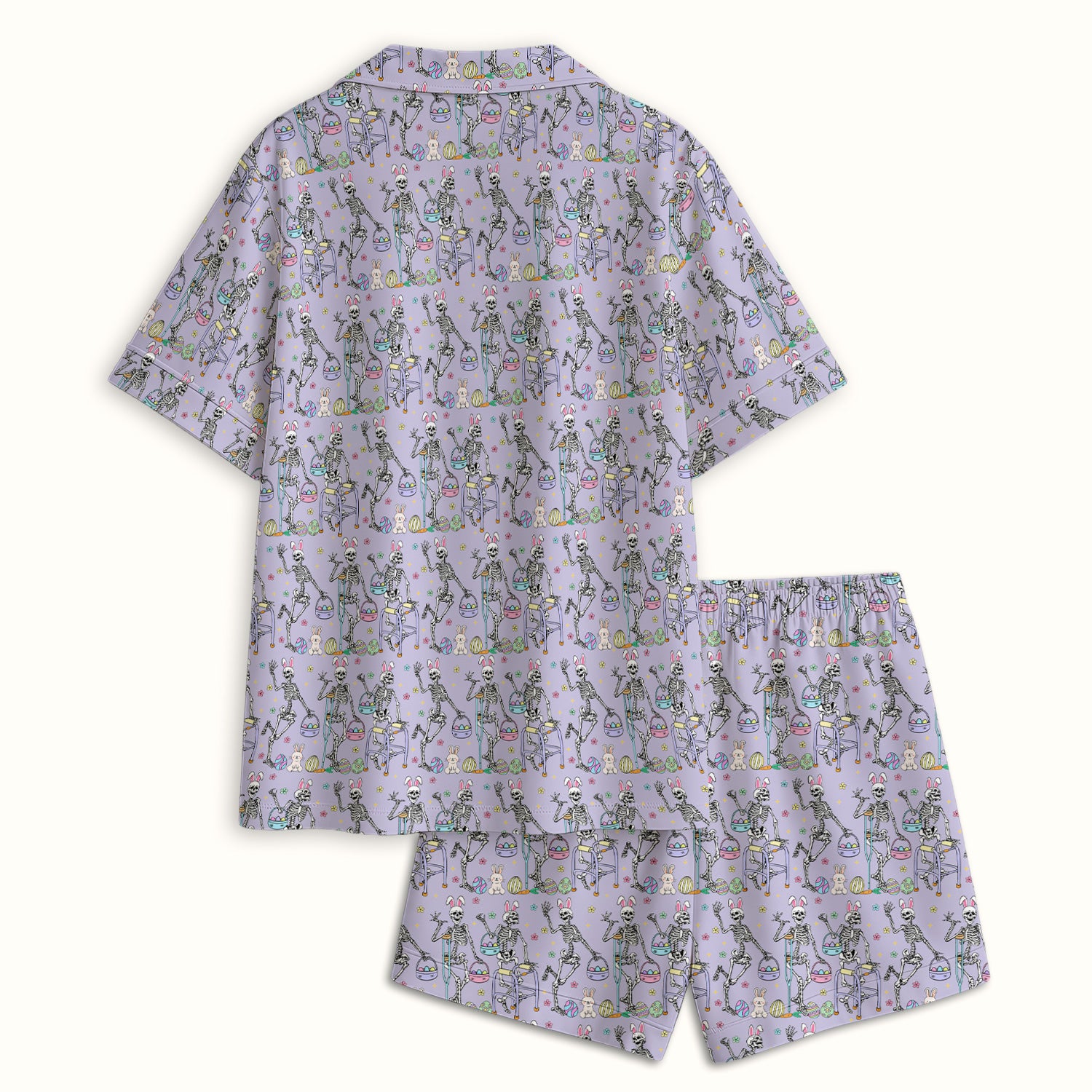 Fun Skeleton Bunny Easter Print Pajama Set, Breathable Fabrics Uniform