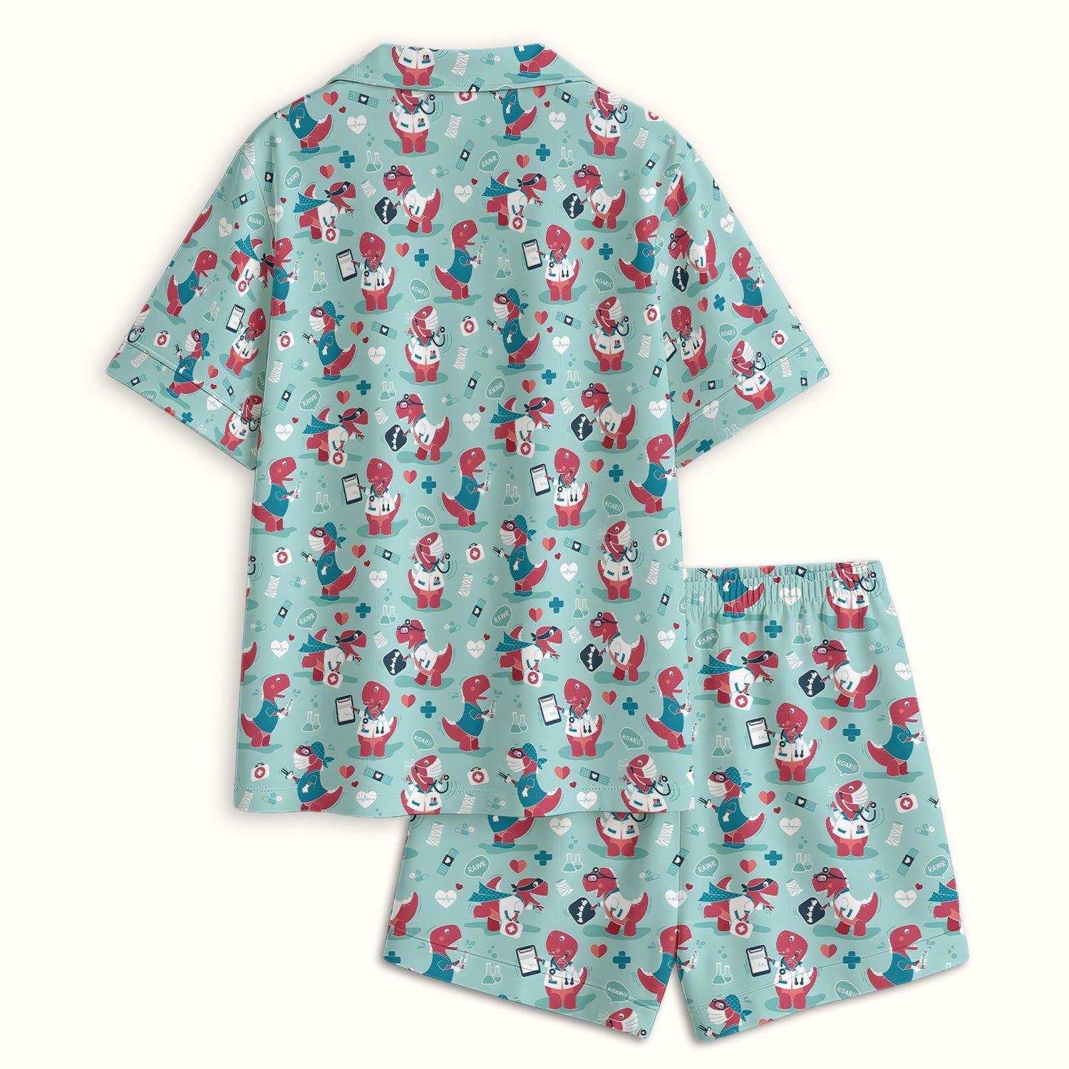 Cute Dinosaur Doctor Medical Pattern Pajama Set, Breathable Fabrics Uniform