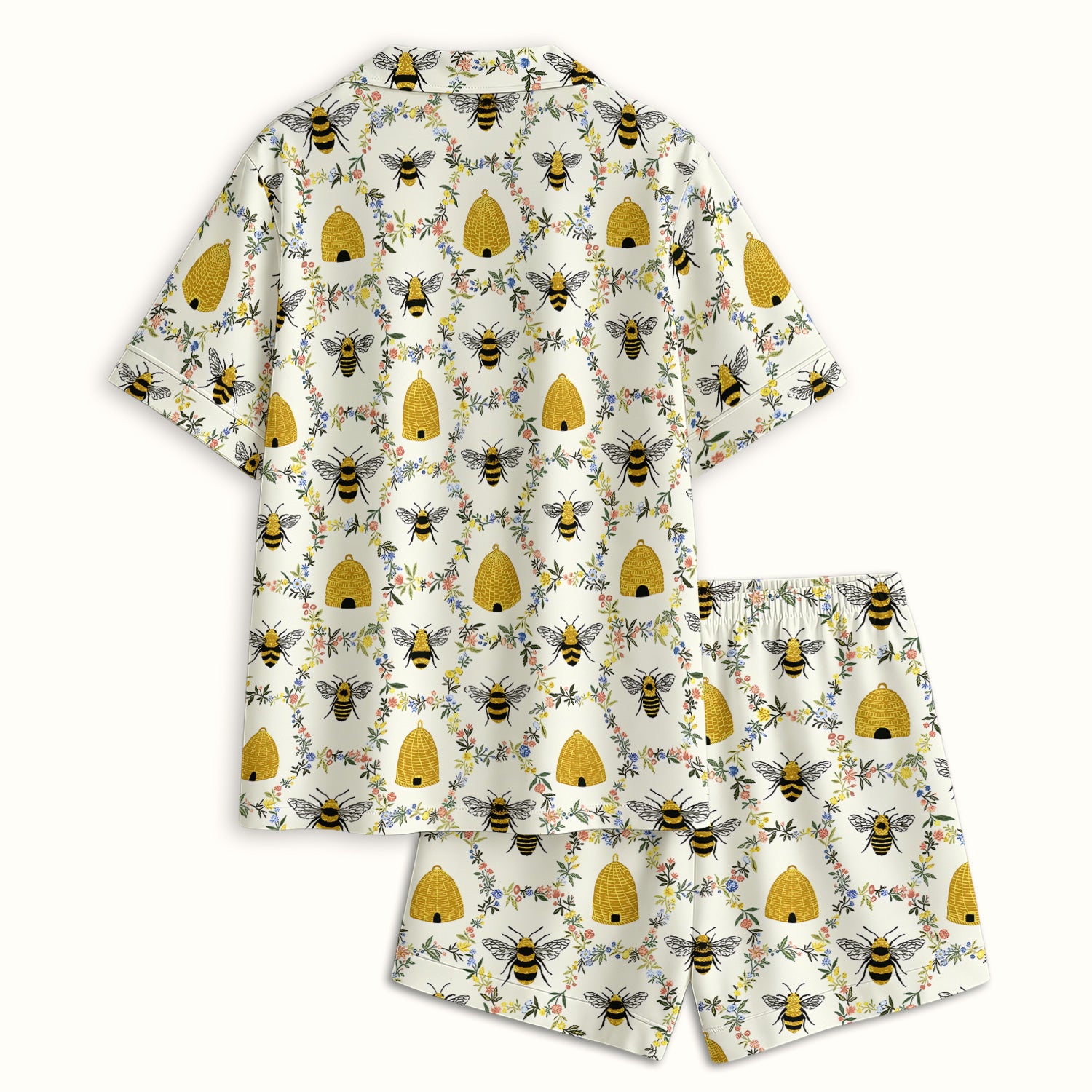Honey Bee Beehive Floral Print Pajama Set, Soft Breathable Fabric Comfortable Sleepwear