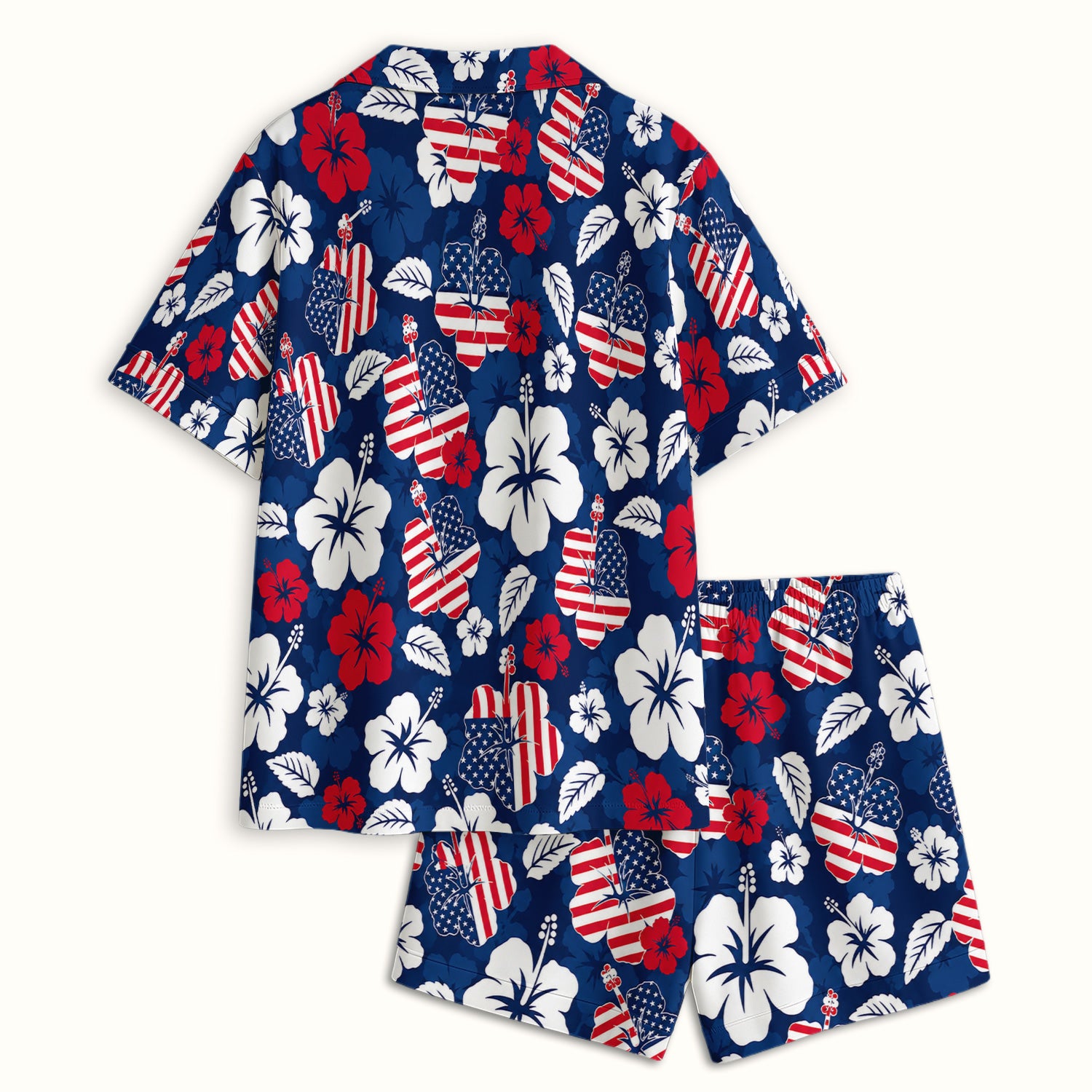 Patriotic Hibiscus Flag Floral Print Pajama Set, Soft Breathable Fabric Comfortable Sleepwear