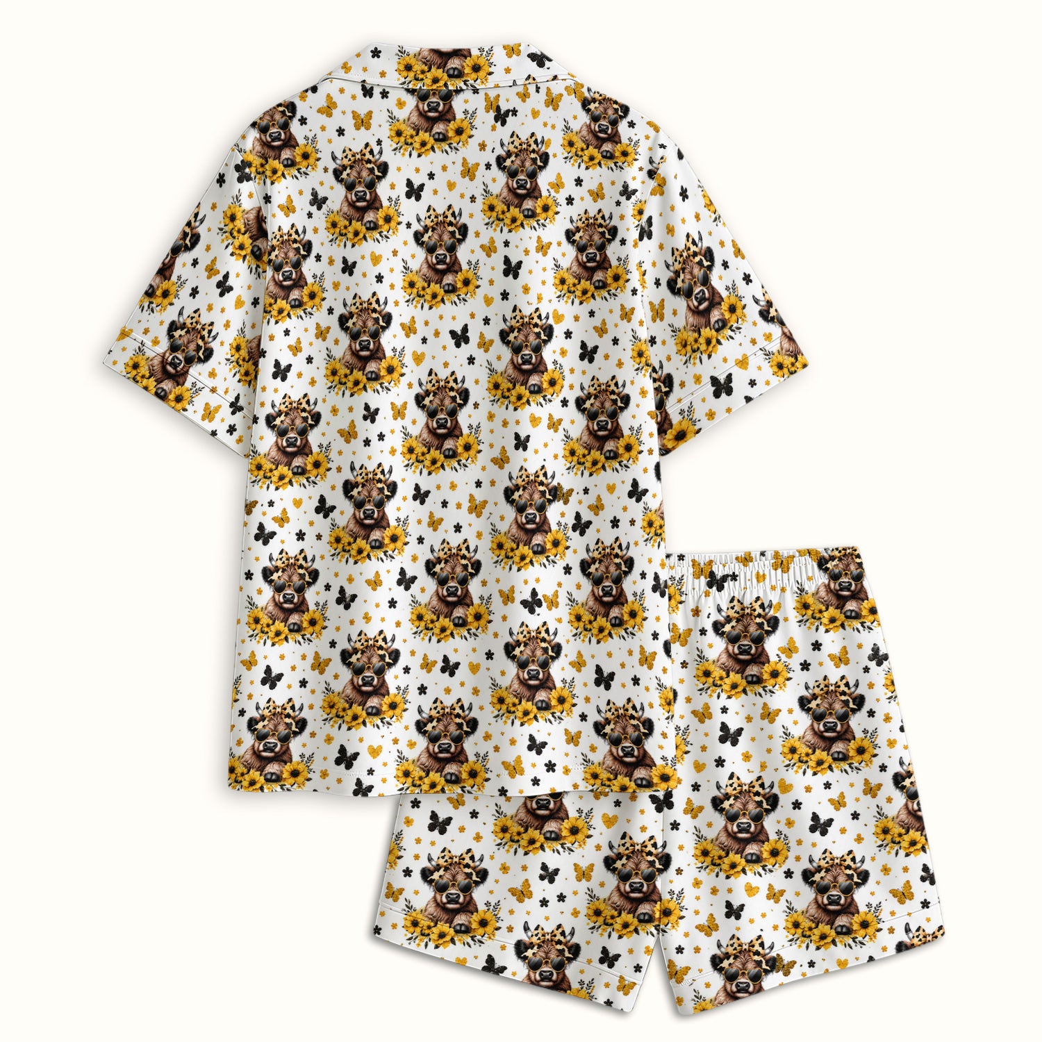 Sassy Highland Cow Sunflower Pattern Pajama Set, Soft Breathable Fabric Comfortable Sleepwear