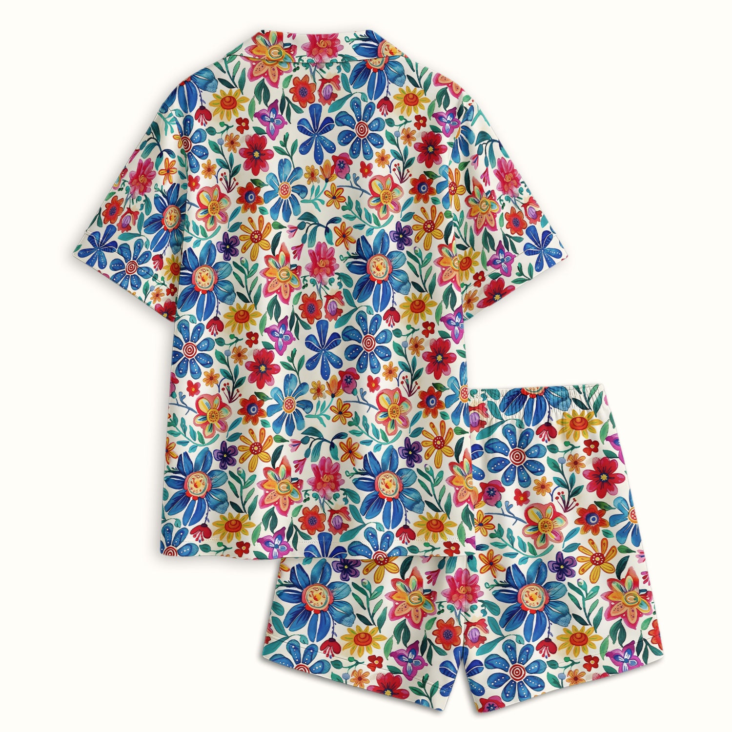 Colorful Folk Floral Print Pajama Set, Soft Breathable Fabric Comfortable Sleepwear
