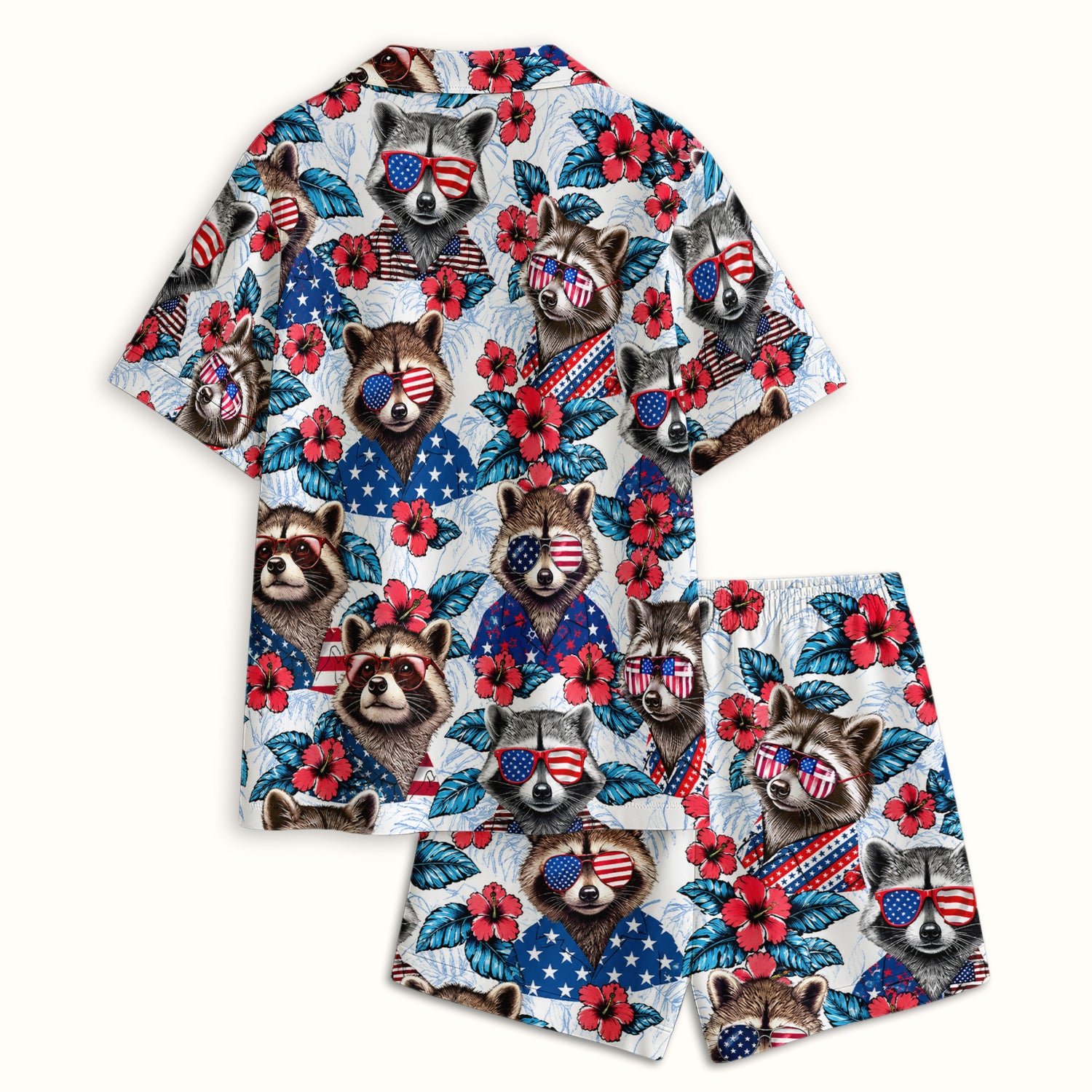 Funny Patriotic Raccoon Sunglasses Pattern Pajama Set, Soft Breathable Fabric Comfortable Sleepwear