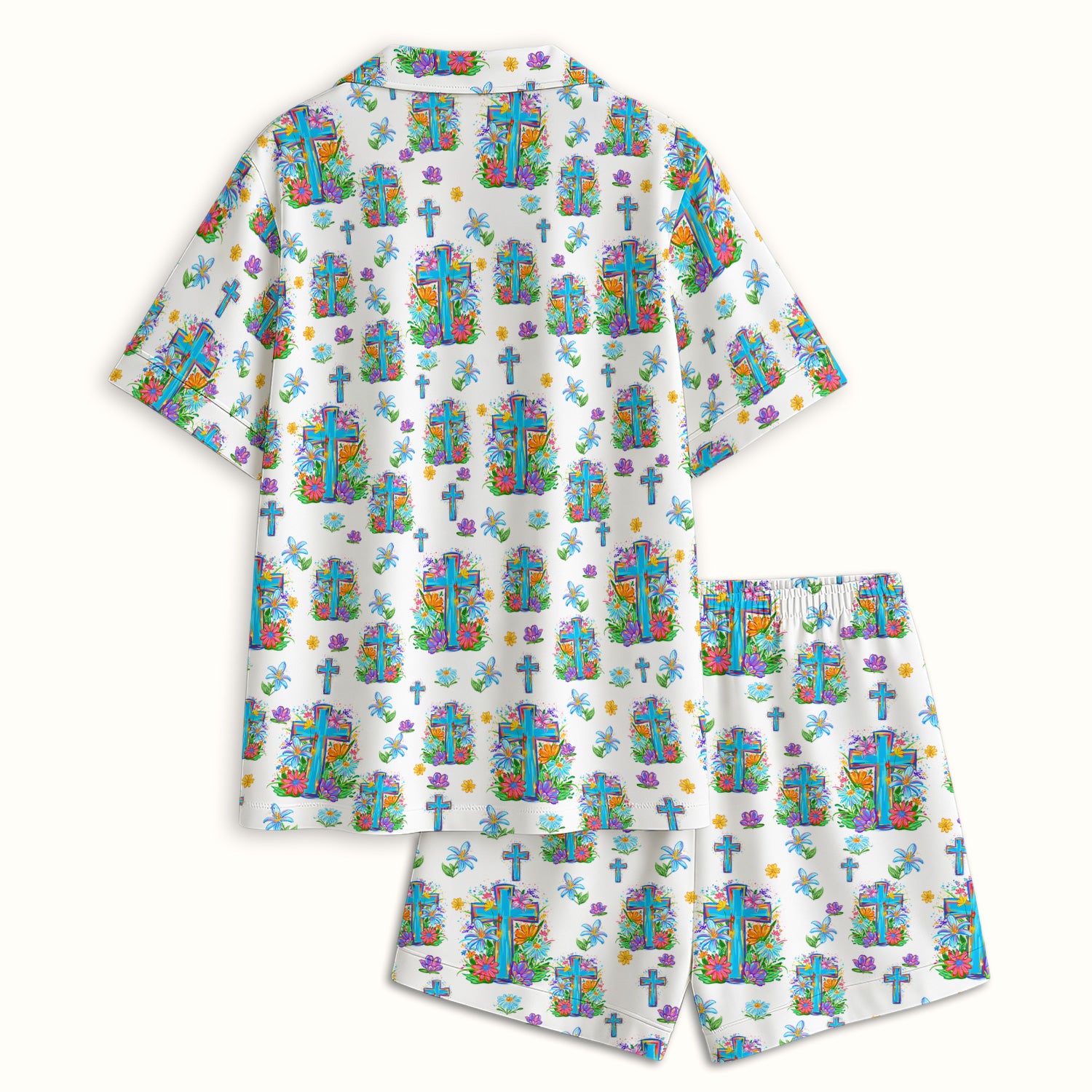 Christian Floral Cross Spring Pattern Pajama Set, Breathable Fabrics Uniform