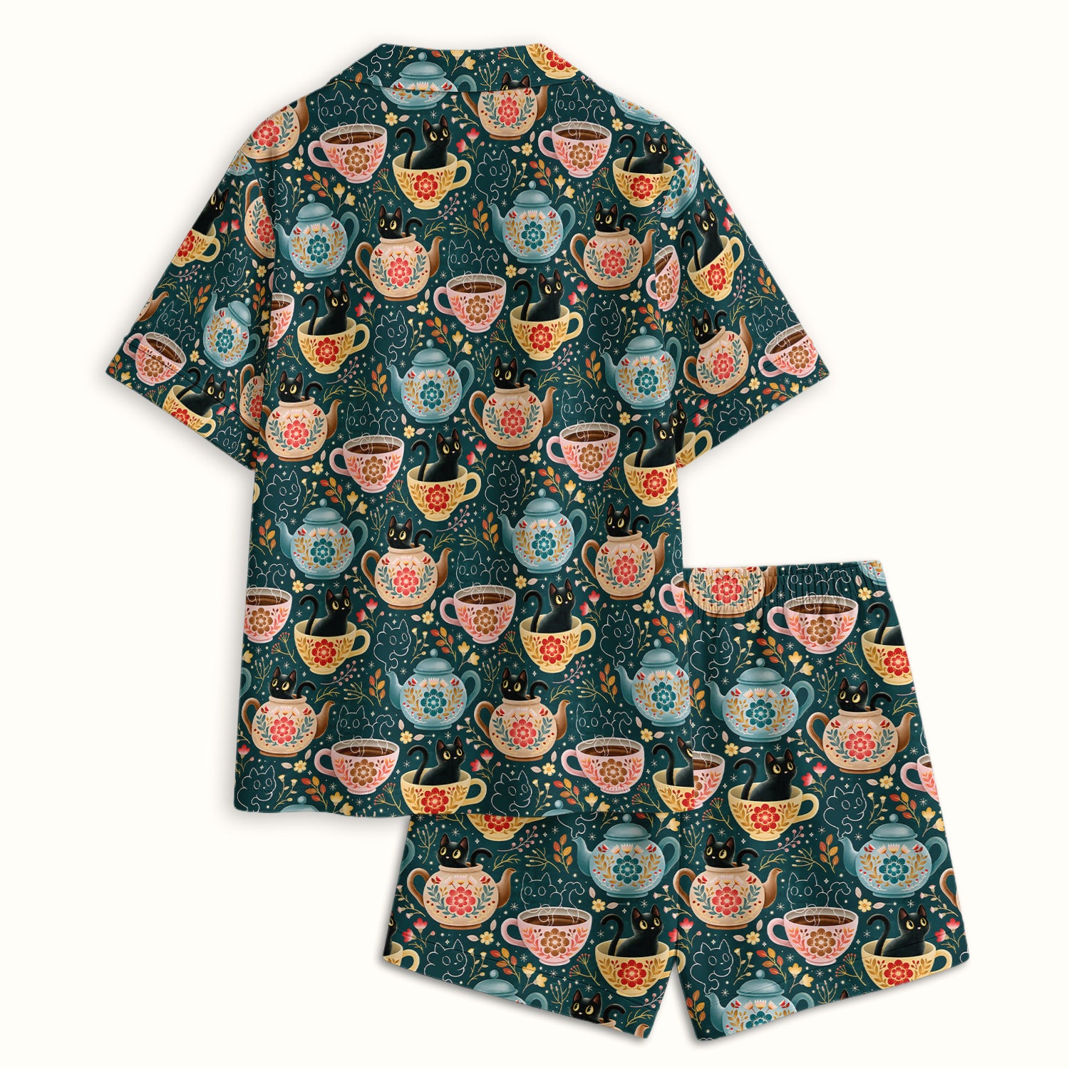 Black Cat Tea Party Veterinary Pattern Pajama Set, Soft Breathable Fabric Comfortable Sleepwear