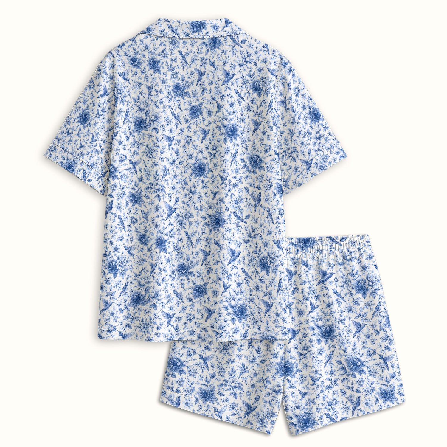 Blue Floral Hummingbird Toile Pattern Pajama Set, Soft Breathable Fabric Comfortable Sleepwear