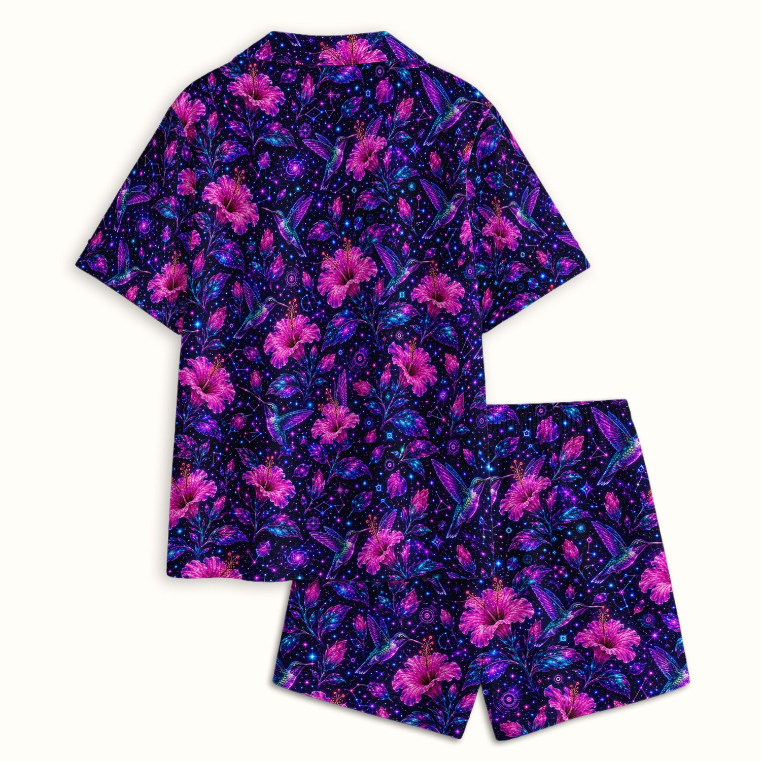 Galaxy Floral Hummingbird Nurse Pattern Pajama Set, Soft Breathable Fabric Comfortable Sleepwear