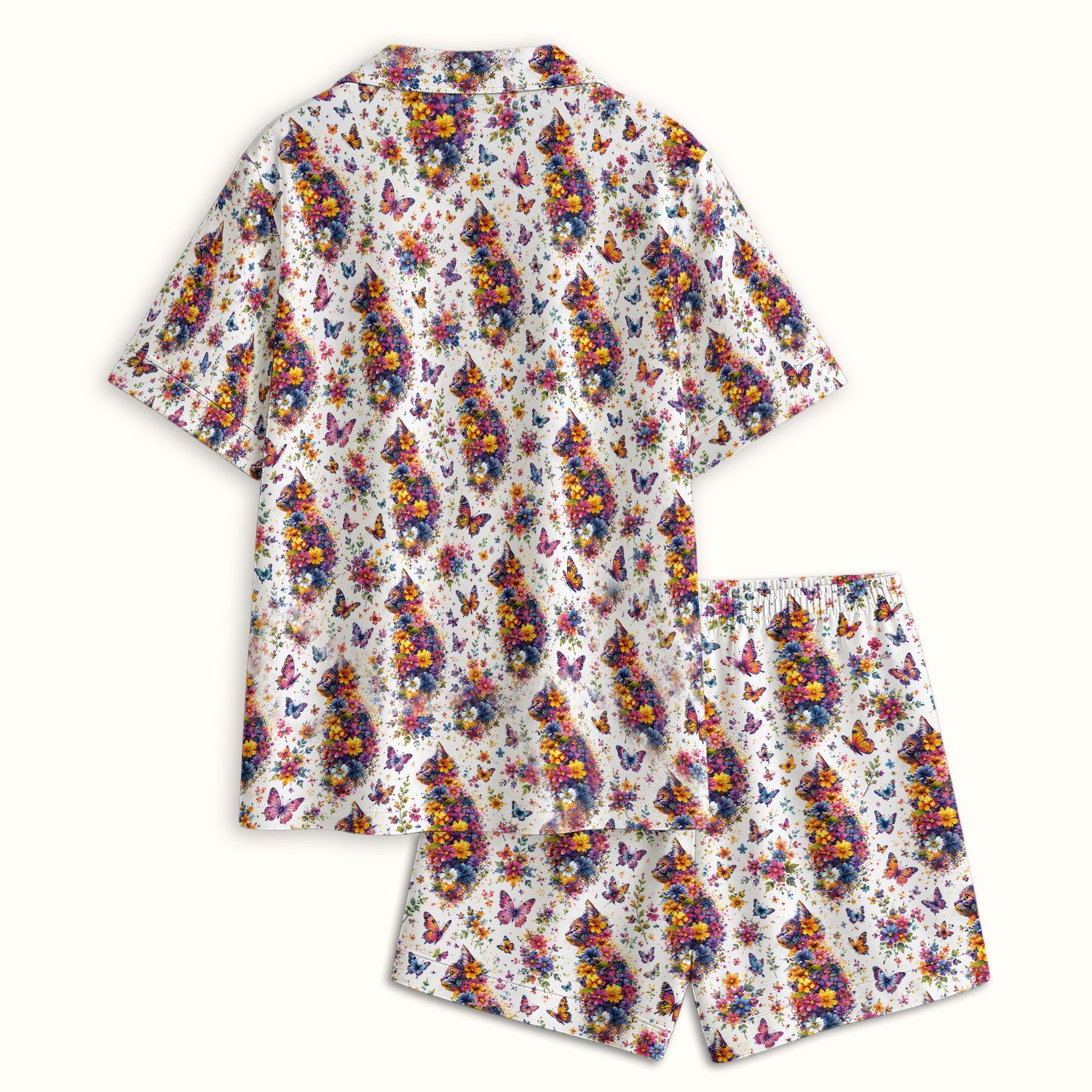 Cute Floral Cat With Butterfly Pattern Pajama Set, Soft Breathable Fabric Comfortable Sleepwear