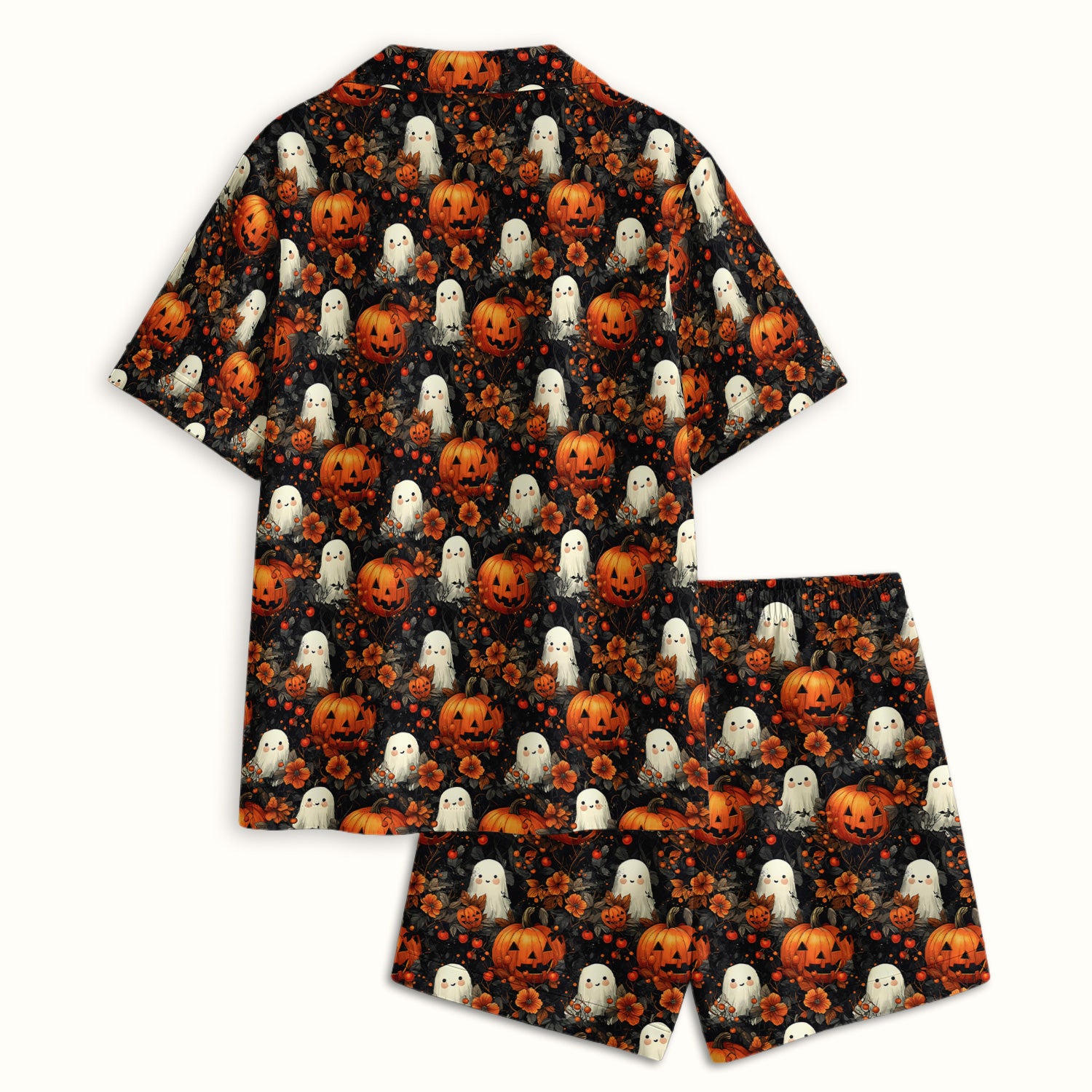 Spooky Halloween Ghost And Pumpkin Pattern Pajama Set, Soft Breathable Fabric Comfortable Sleepwear
