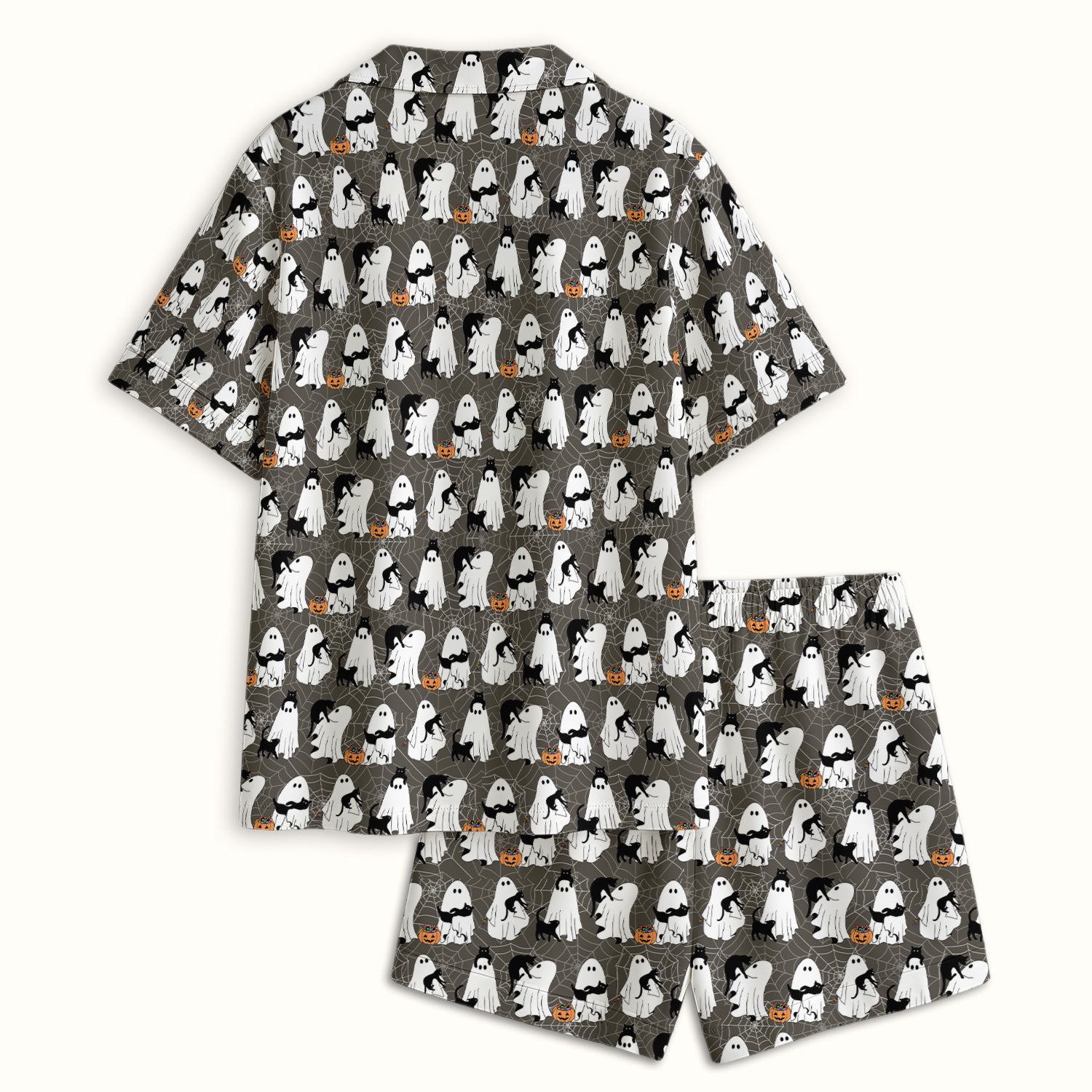 Black Cat and Ghost Print Pajama Set, Soft Breathable Fabric Comfortable Sleepwear