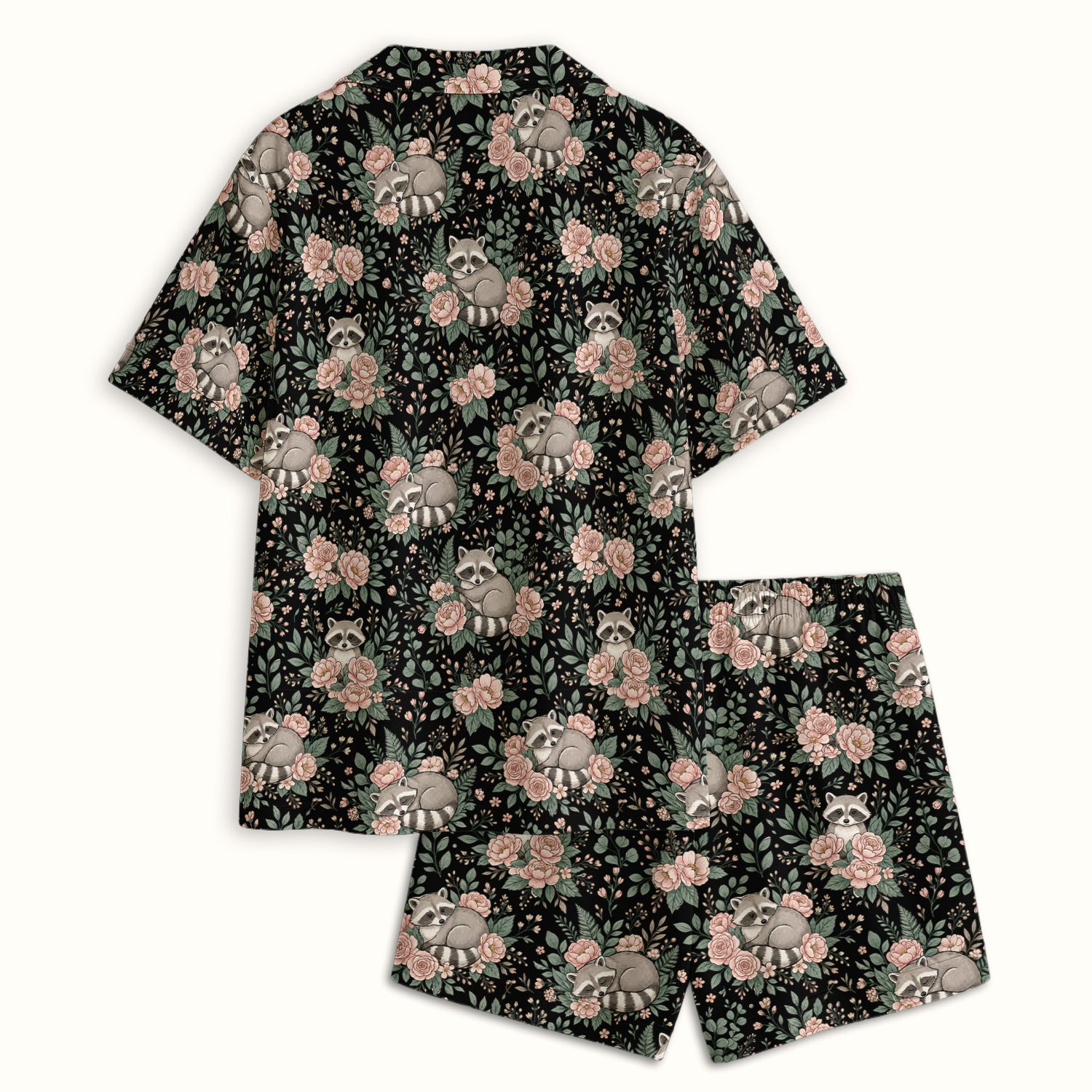 Sleeping Raccoon Rose Garden Pattern Pajama Set, Soft Breathable Fabric Comfortable Sleepwear