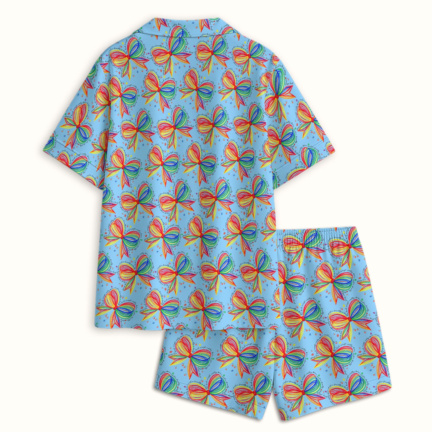 Colorful Rainbow Bow Pattern Pajama Set, Breathable Fabrics Uniform