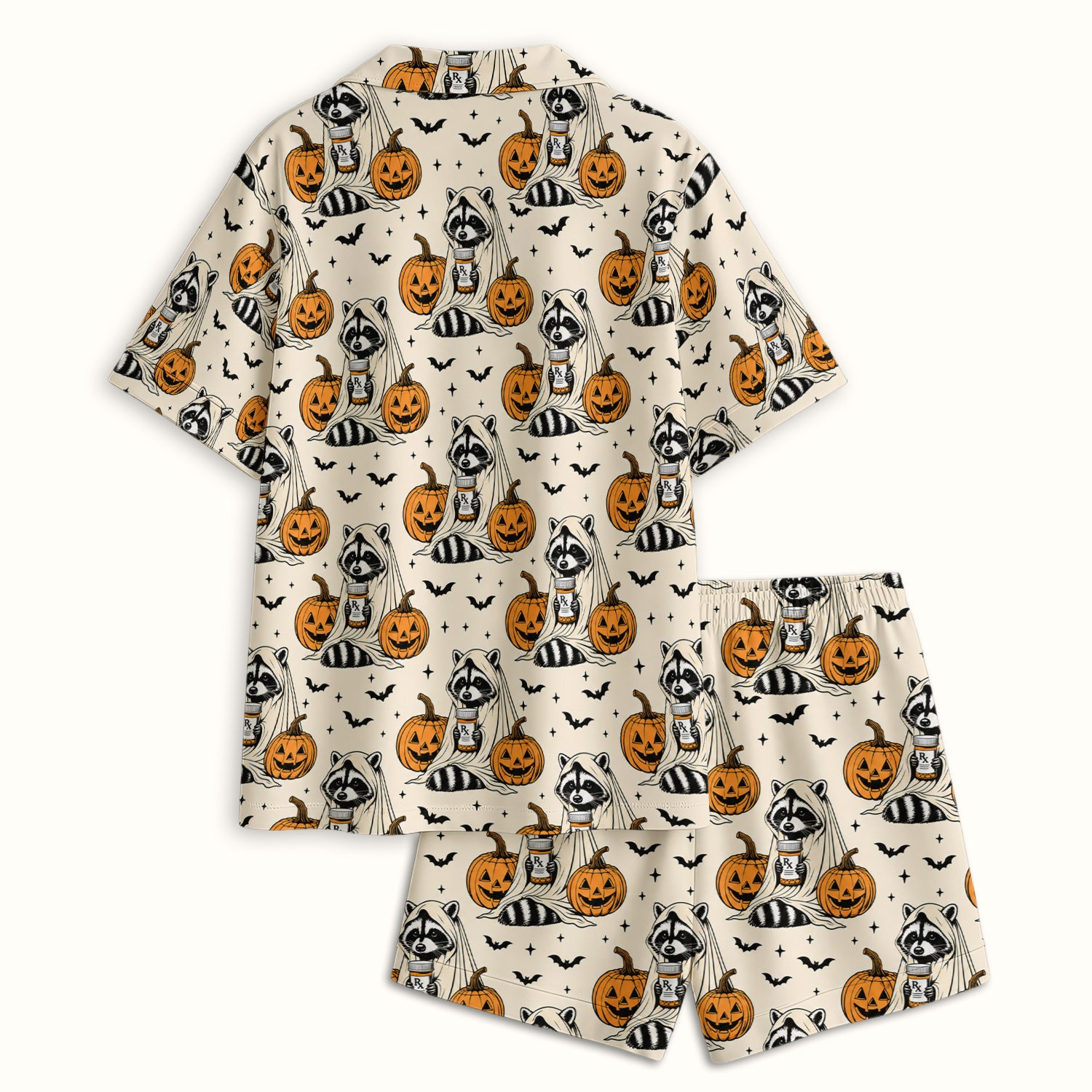 Halloween Raccoon with Pumpkin Bat Print Pajama Set, Soft Breathable Fabric Comfortable Sleepwear