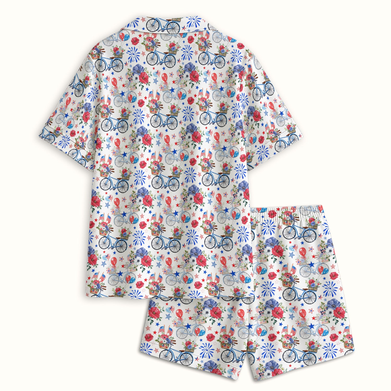 Patriotic Bicycle Floral Fireworks Print Pajama Set, Soft Breathable Fabric Comfortable Sleepwear