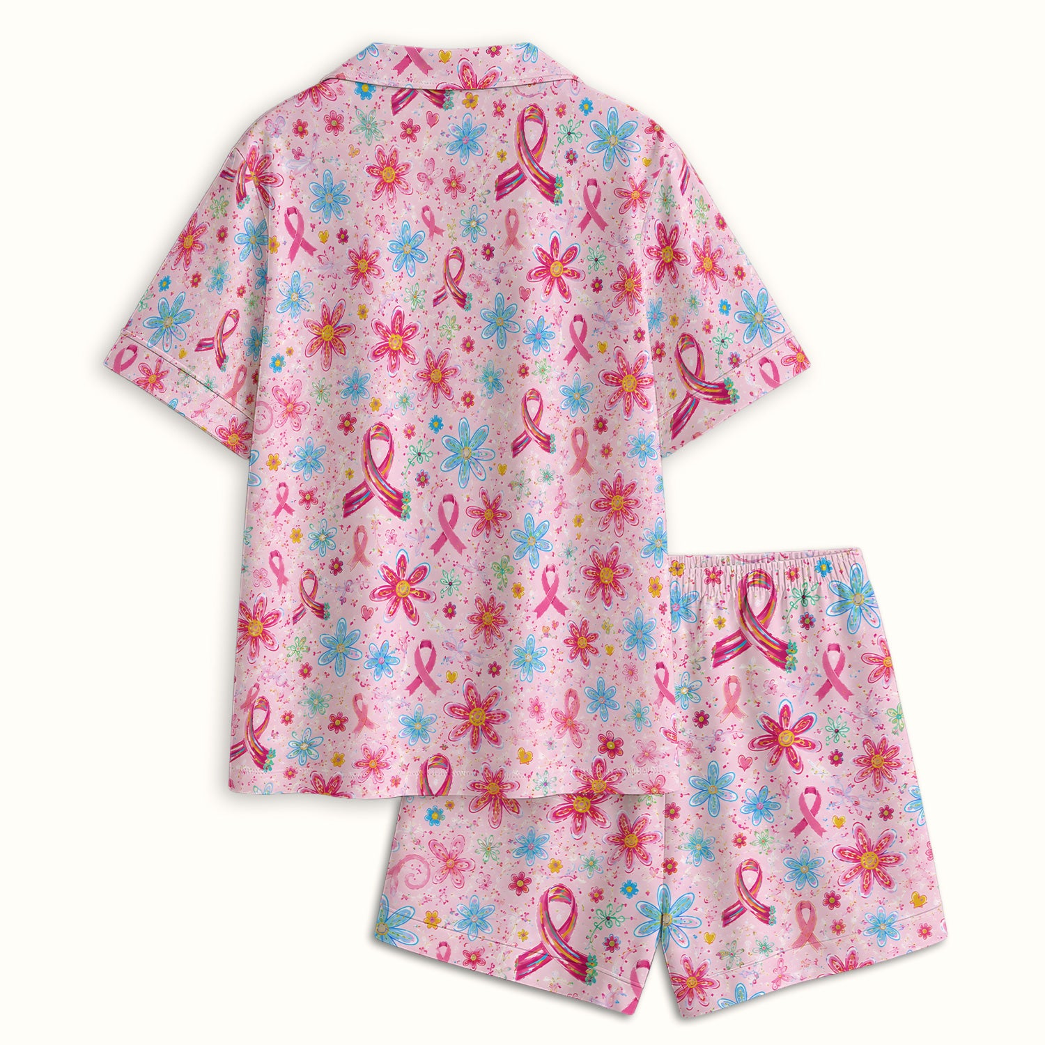 Floral Breast Cancer Awareness Print Pajama Set, Soft Breathable Fabric Comfortable Sleepwear