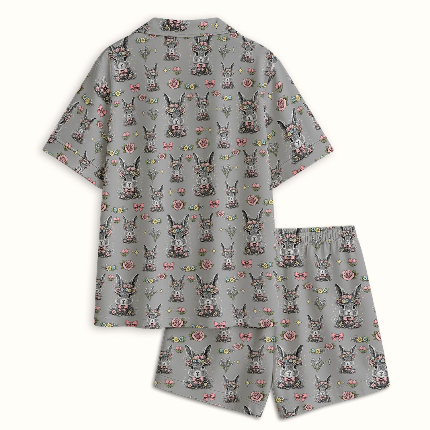 Easter Vintage Floral Bunny Print Pajama Set, Breathable Fabrics Uniform
