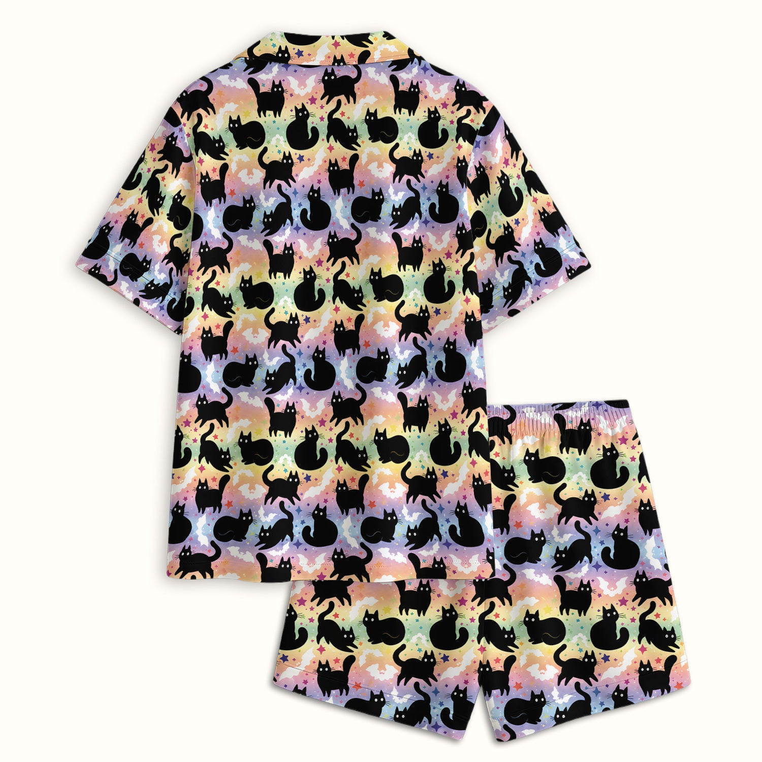 Pastel Star Black Cat Pattern Pajama Set, Soft Breathable Fabric Comfortable Sleepwear