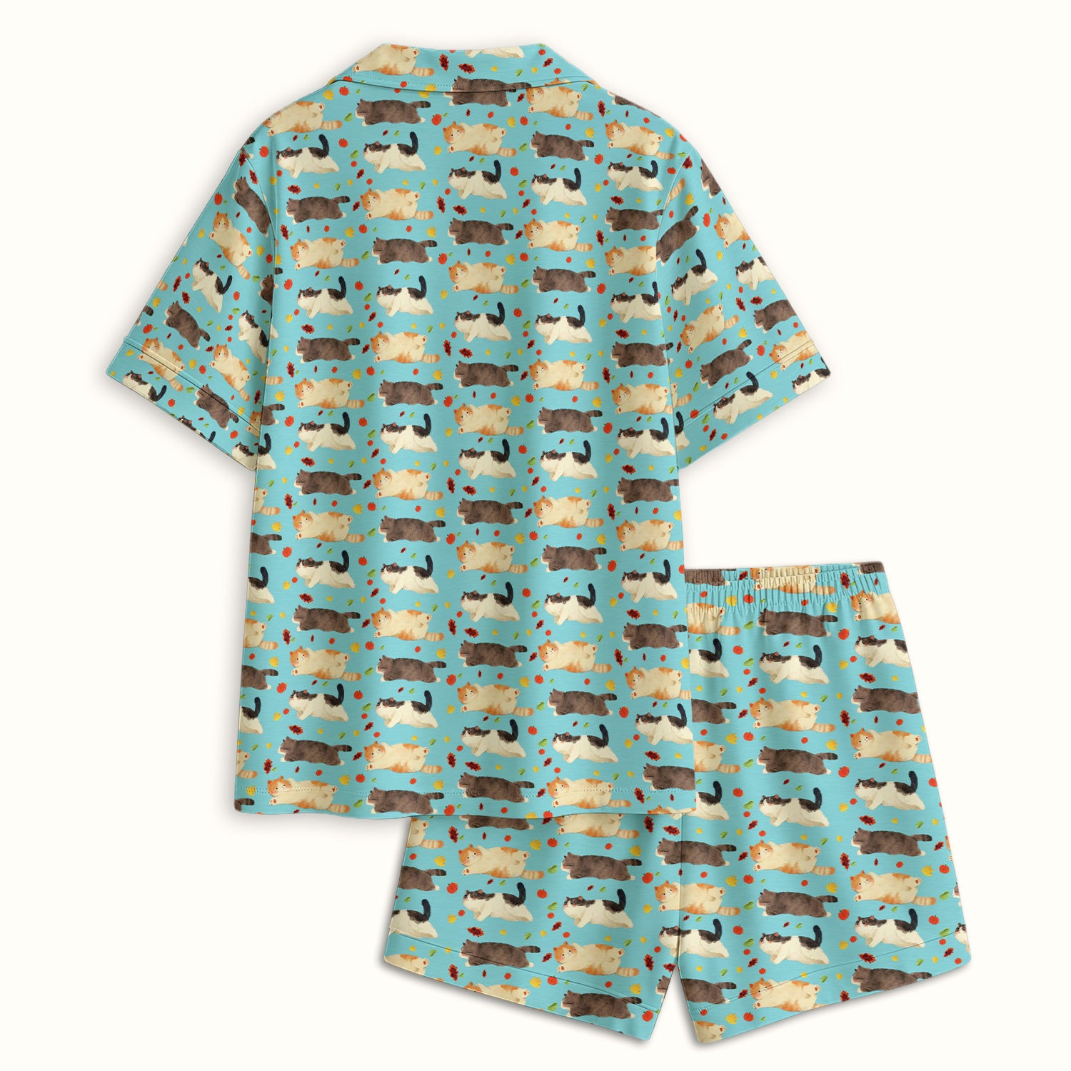 Chubby Cat Autumn Leaves Print Pajama Set, Breathable Fabrics Uniform