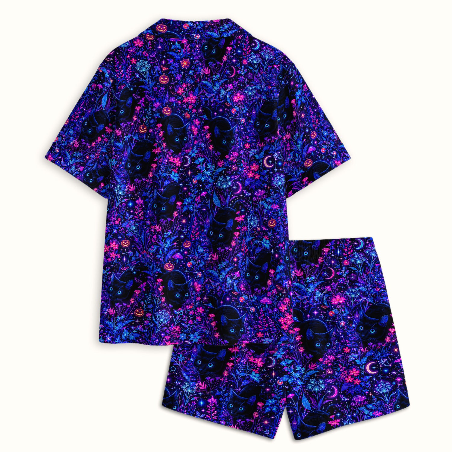 Spooky Black Cat Garden Pattern Pajama Set, Soft Breathable Fabric Comfortable Sleepwear